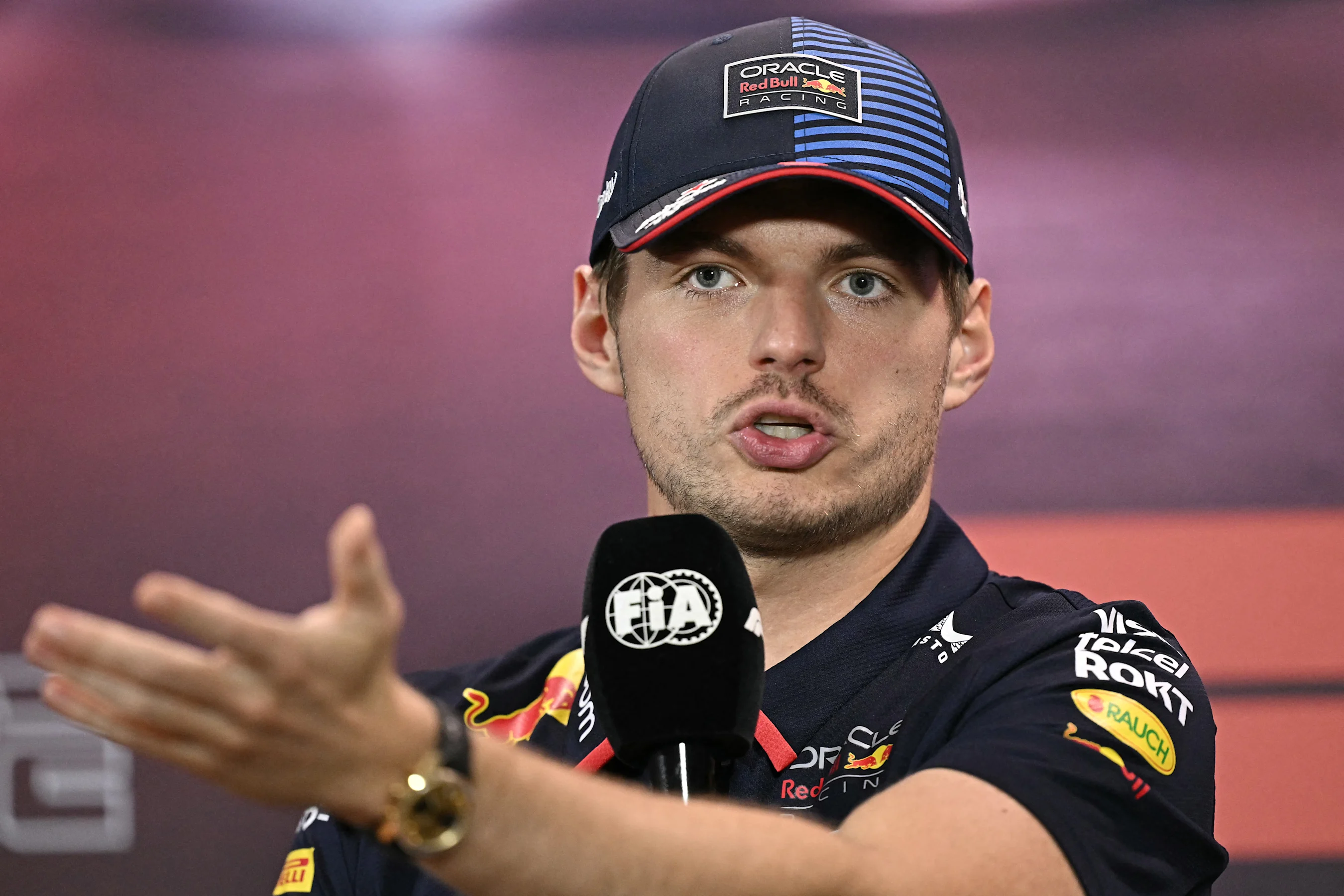 Red Bull Racing's Dutch driver Max Verstappen takes part in a press conference ahead of the Formula