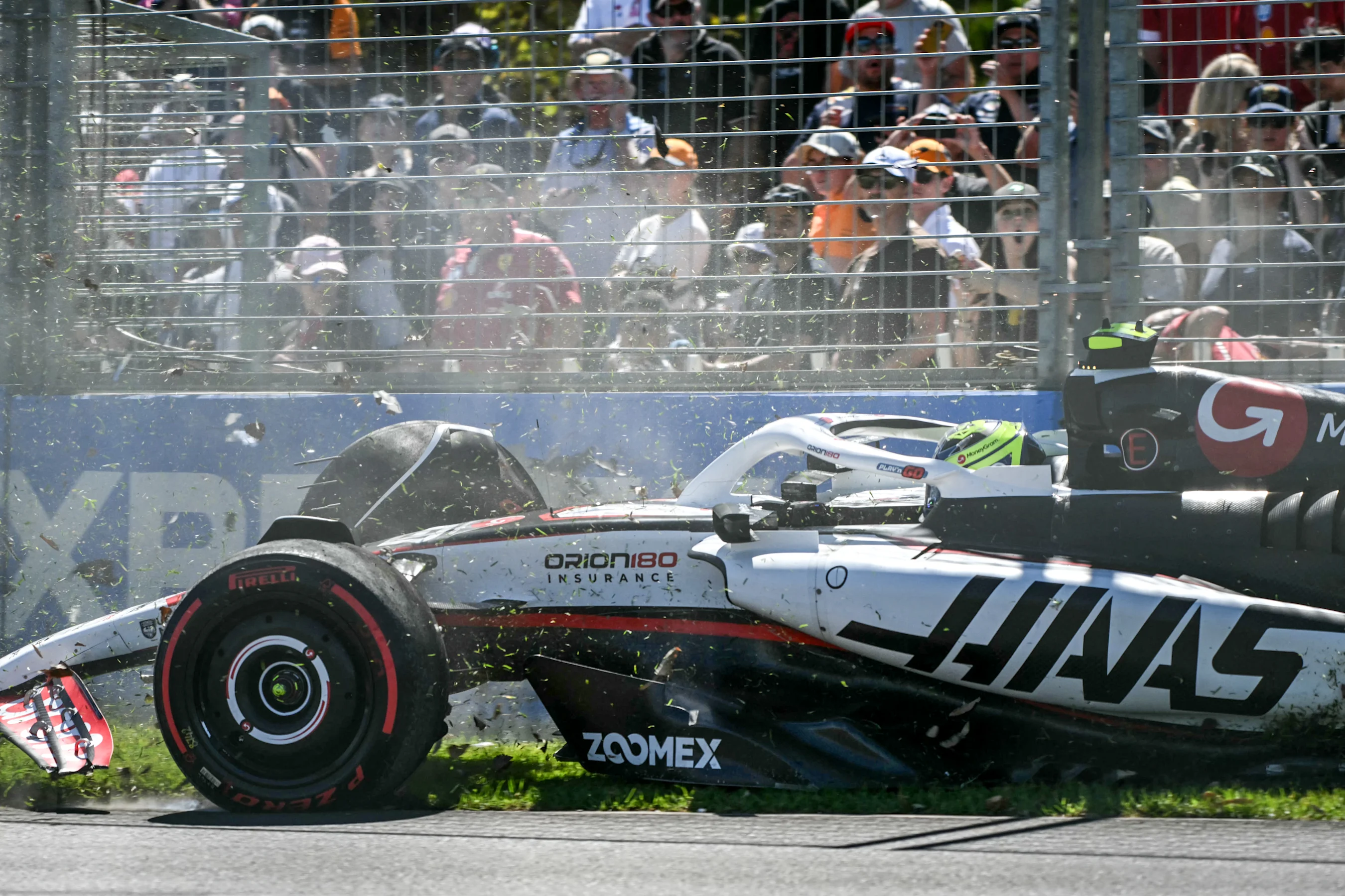 Haas F1 Team's British driver Oliver Bearman crashes during the first practice session of the