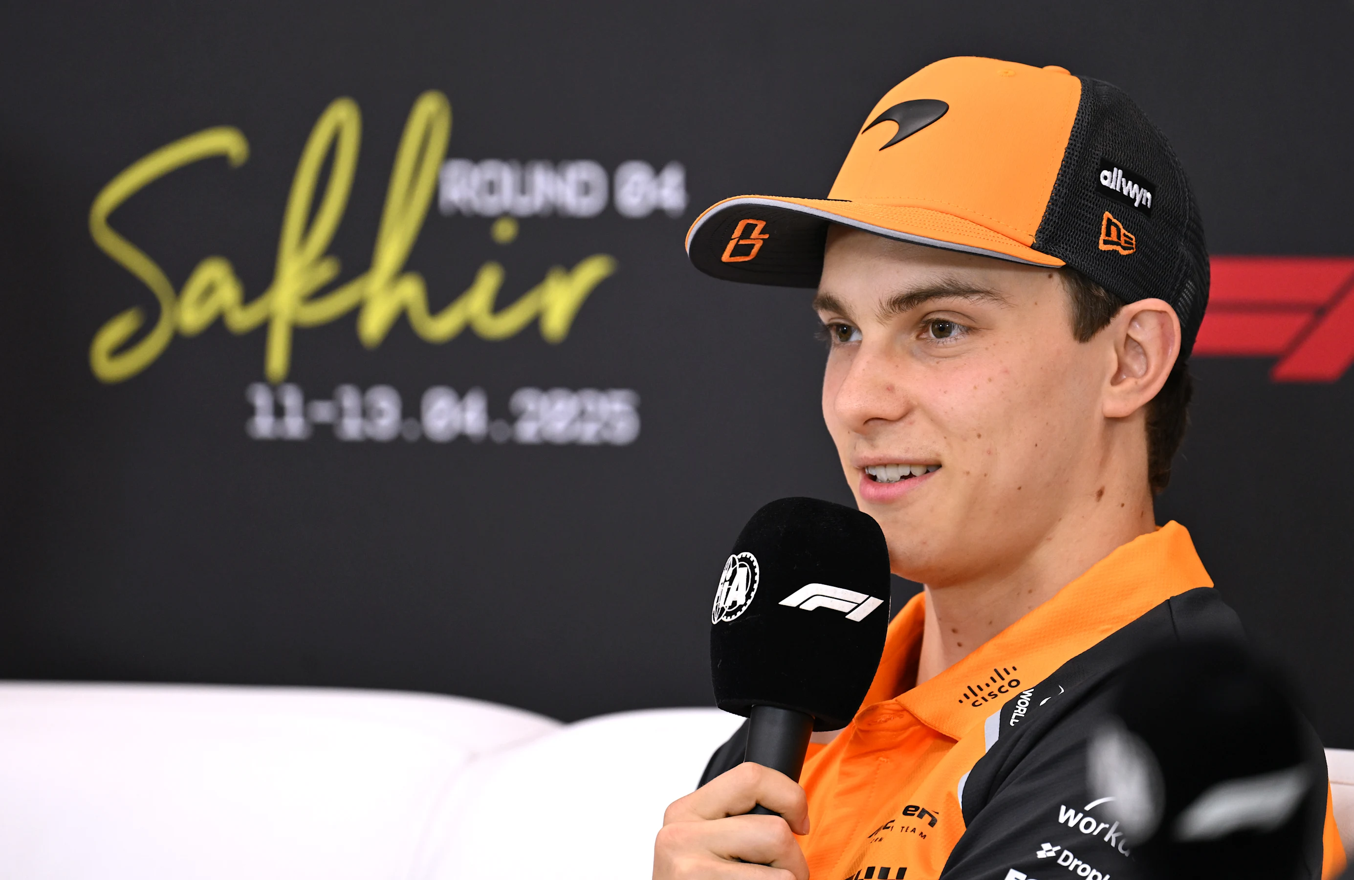 BAHRAIN, BAHRAIN - APRIL 10: Oscar Piastri of Australia and McLaren speaks in the Drivers Press
