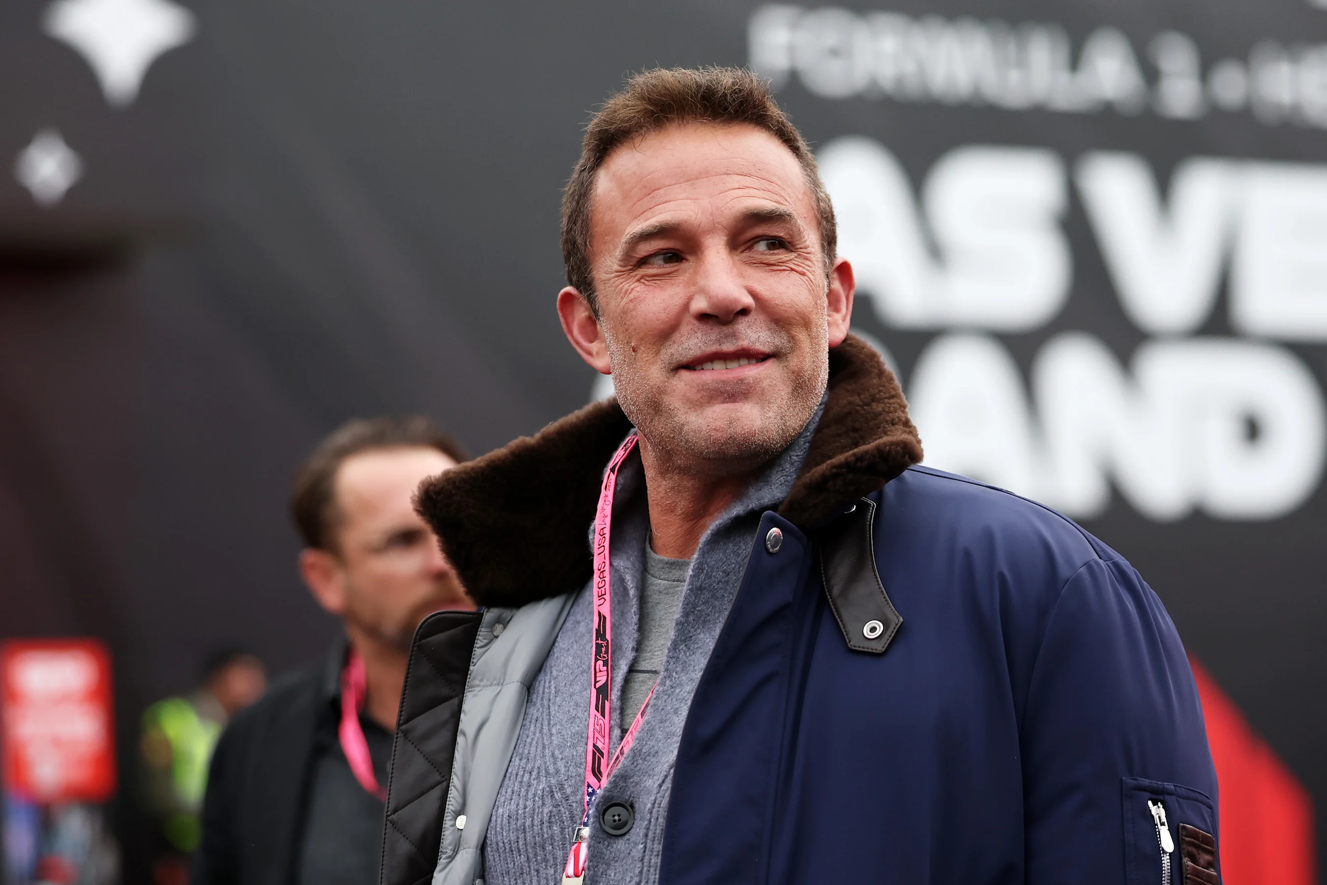 LAS VEGAS, NEVADA - NOVEMBER 21: Ben Affleck arrives in the Paddock prior to final practice ahead