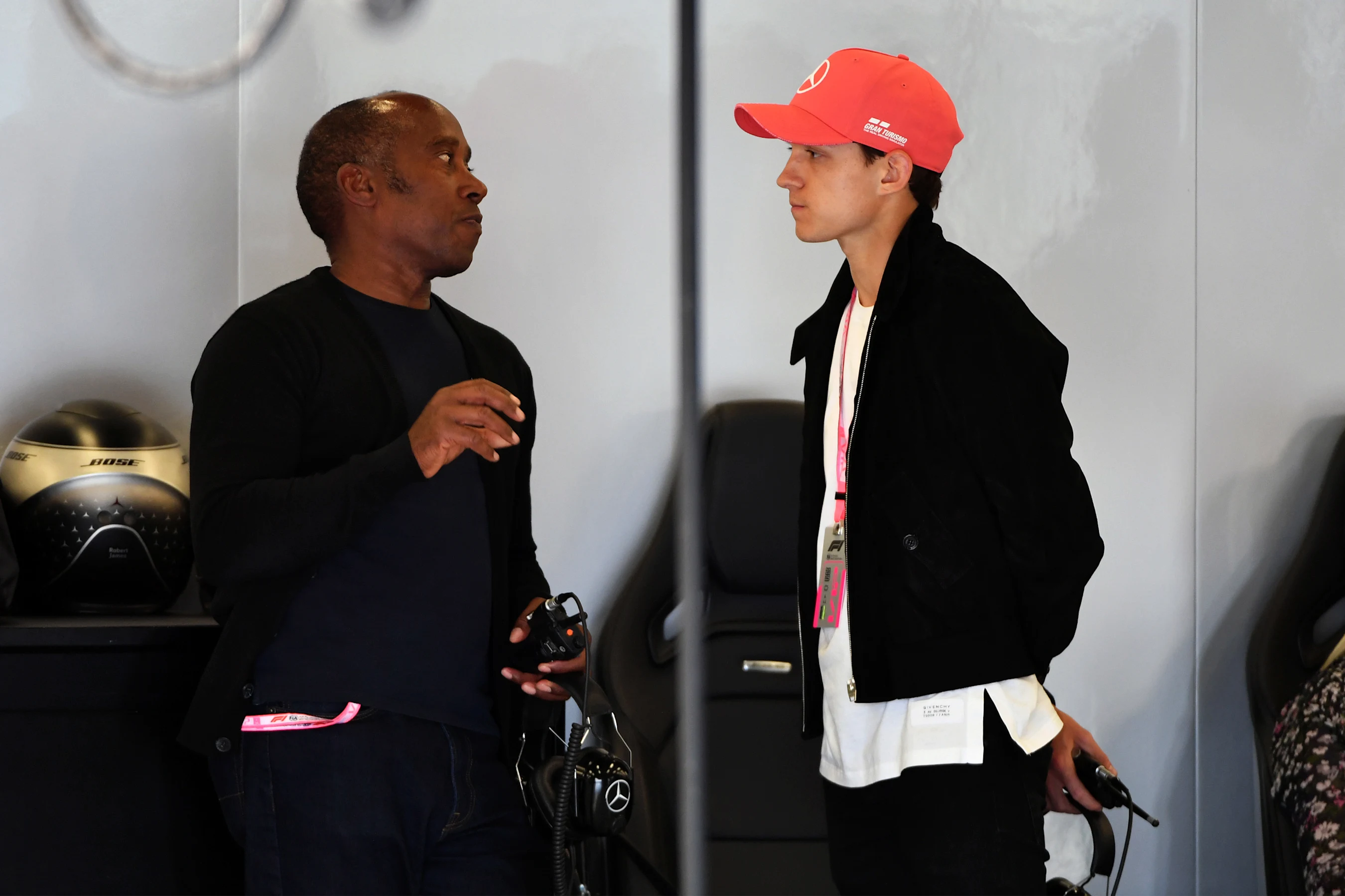 SILVERSTONE, UNITED KINGDOM - JULY 13: Anthony Hamilton and Tom Holland, Actor during the British