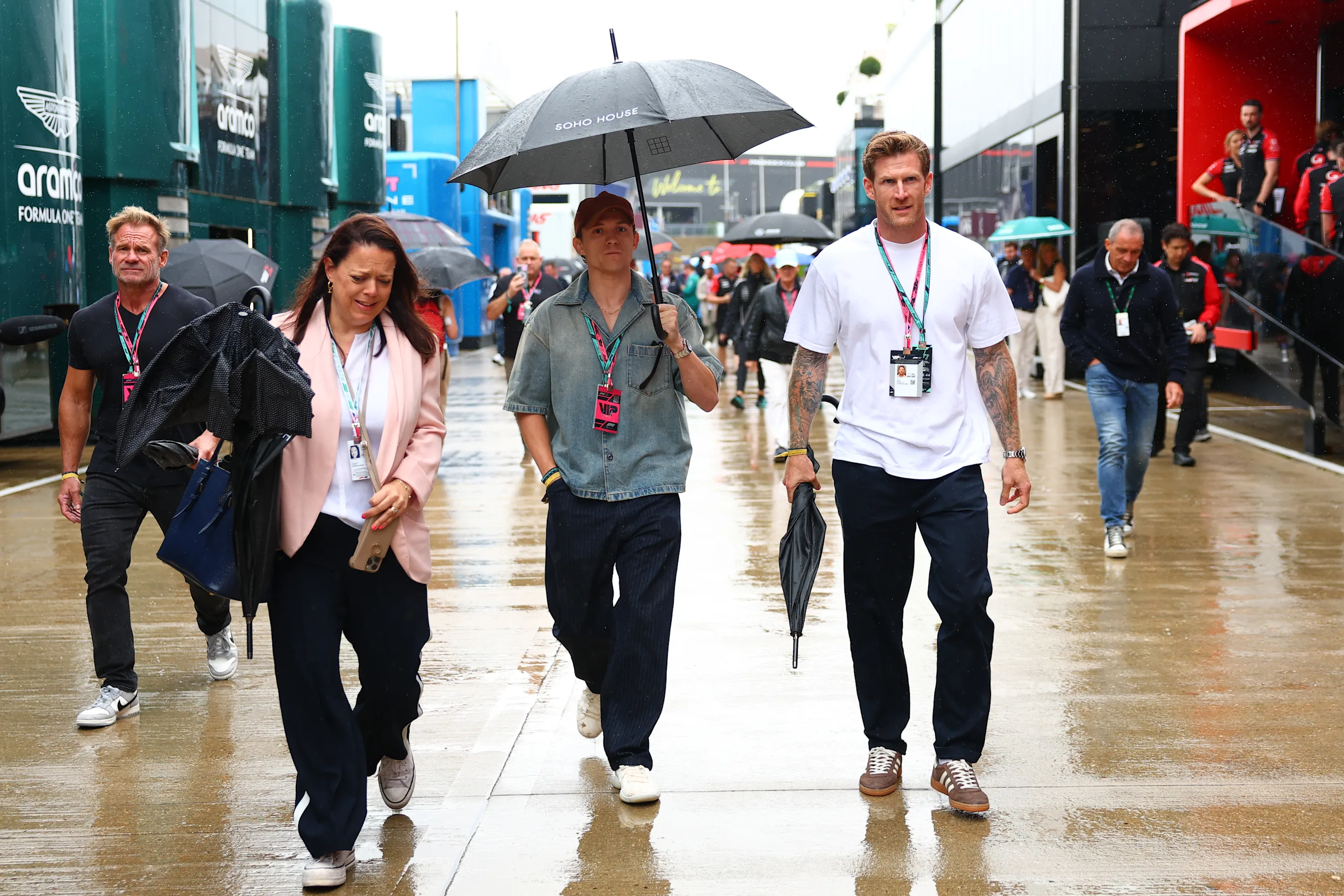 NORTHAMPTON, ENGLAND - JULY 06: Tom Holland arrives in the Paddock prior to the F1 Grand Prix of