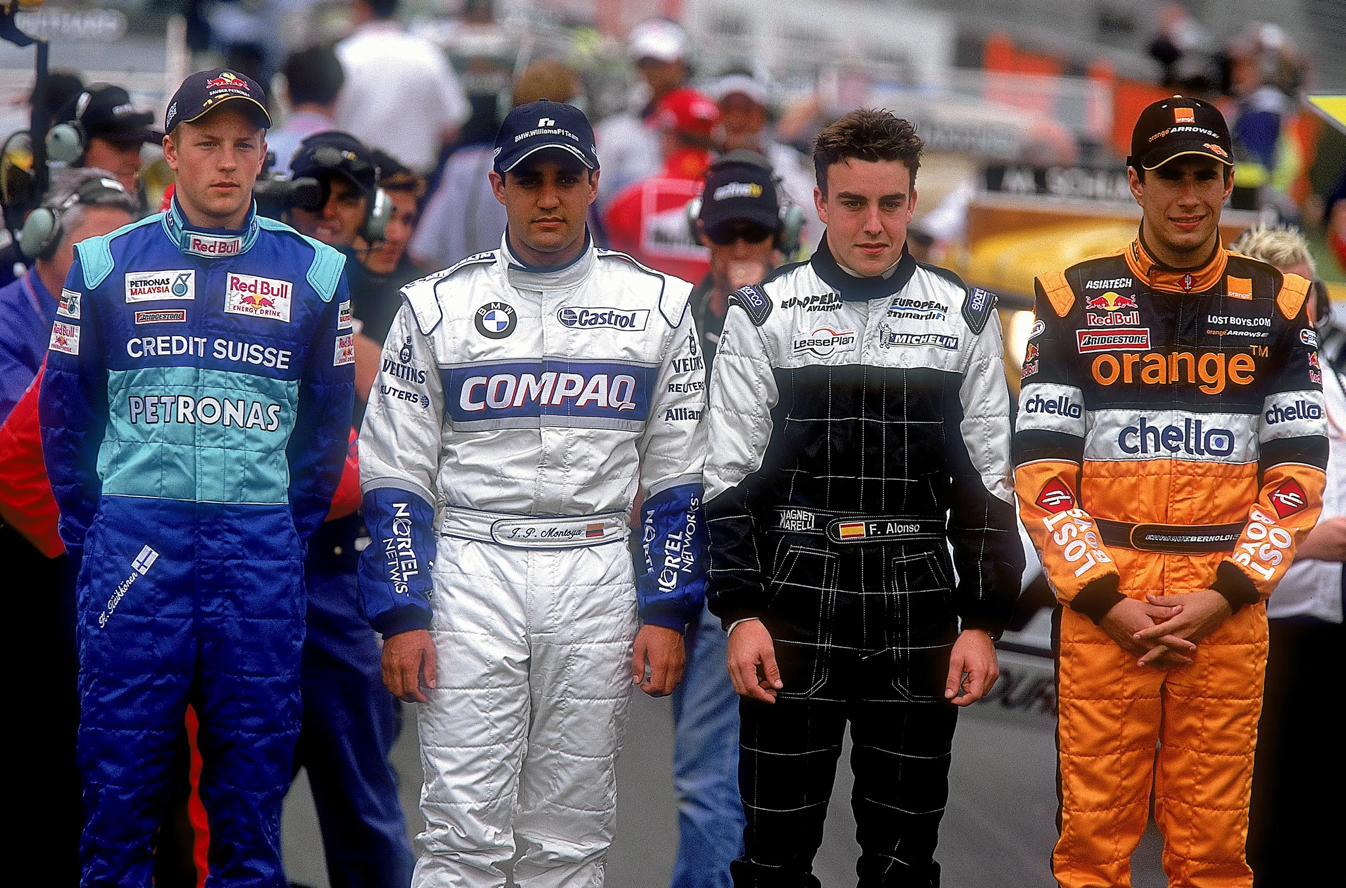 3 Mar 2001:  The 2001 season's new drivers (L to R) Kimi Raikkonen of Sauber, Juan Pablo Montoya of