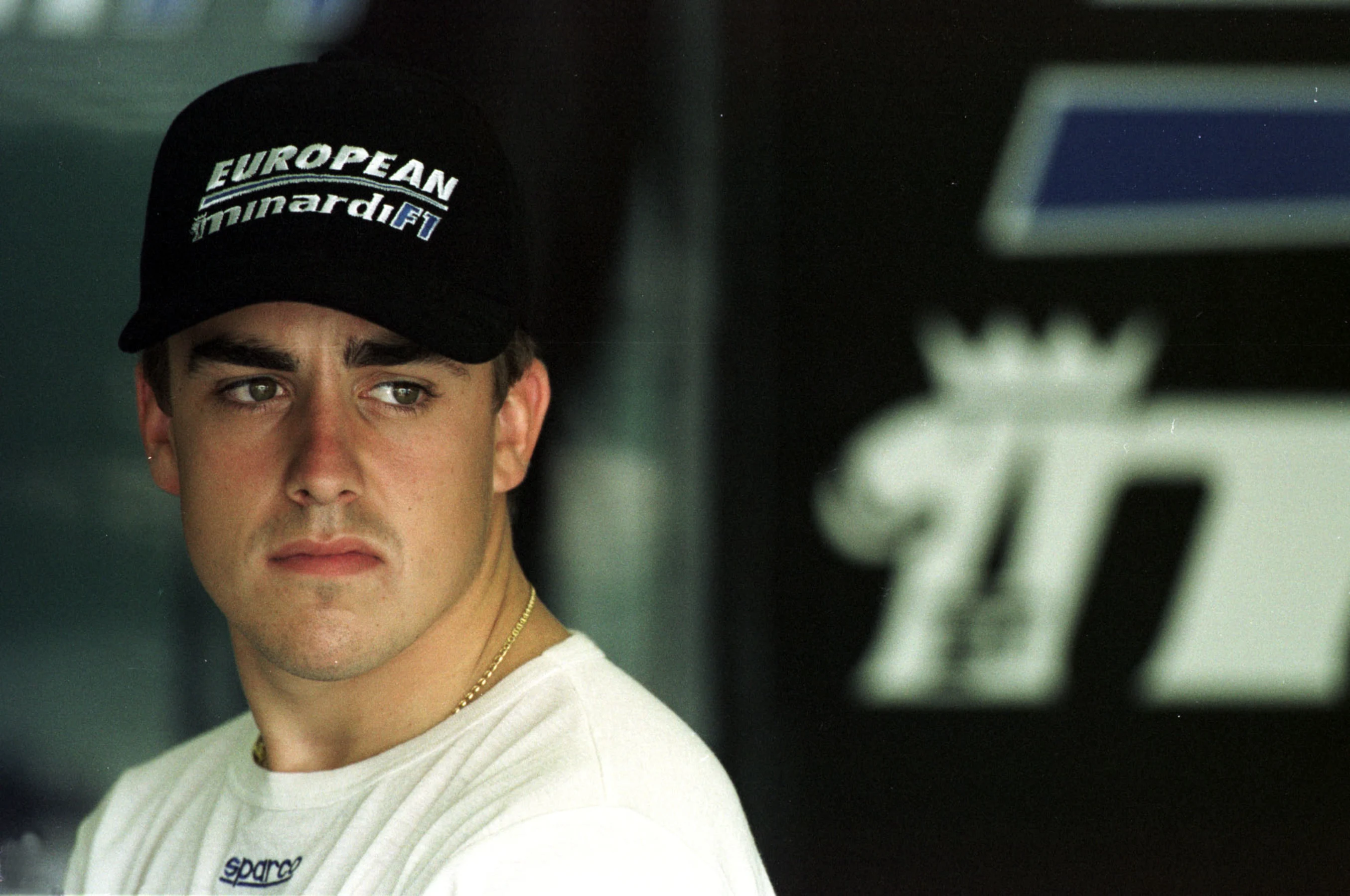 16 Mar 2001:  Fernando Alonso of Spain and the Minardi Formula One Team waits in the pit garage