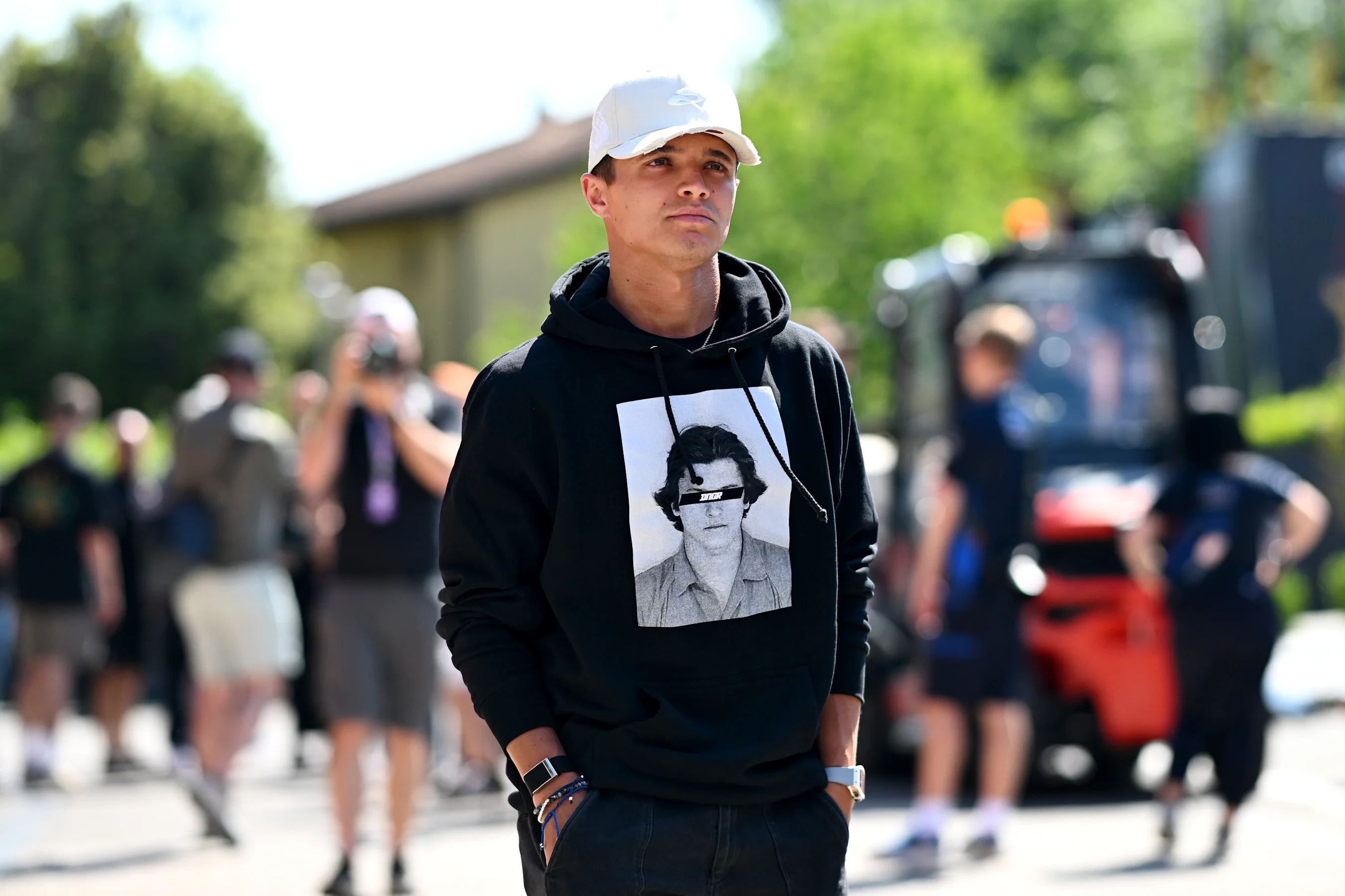 IMOLA, ITALY - MAY 15: Lando Norris of Great Britain and McLaren arrives in the Paddock during