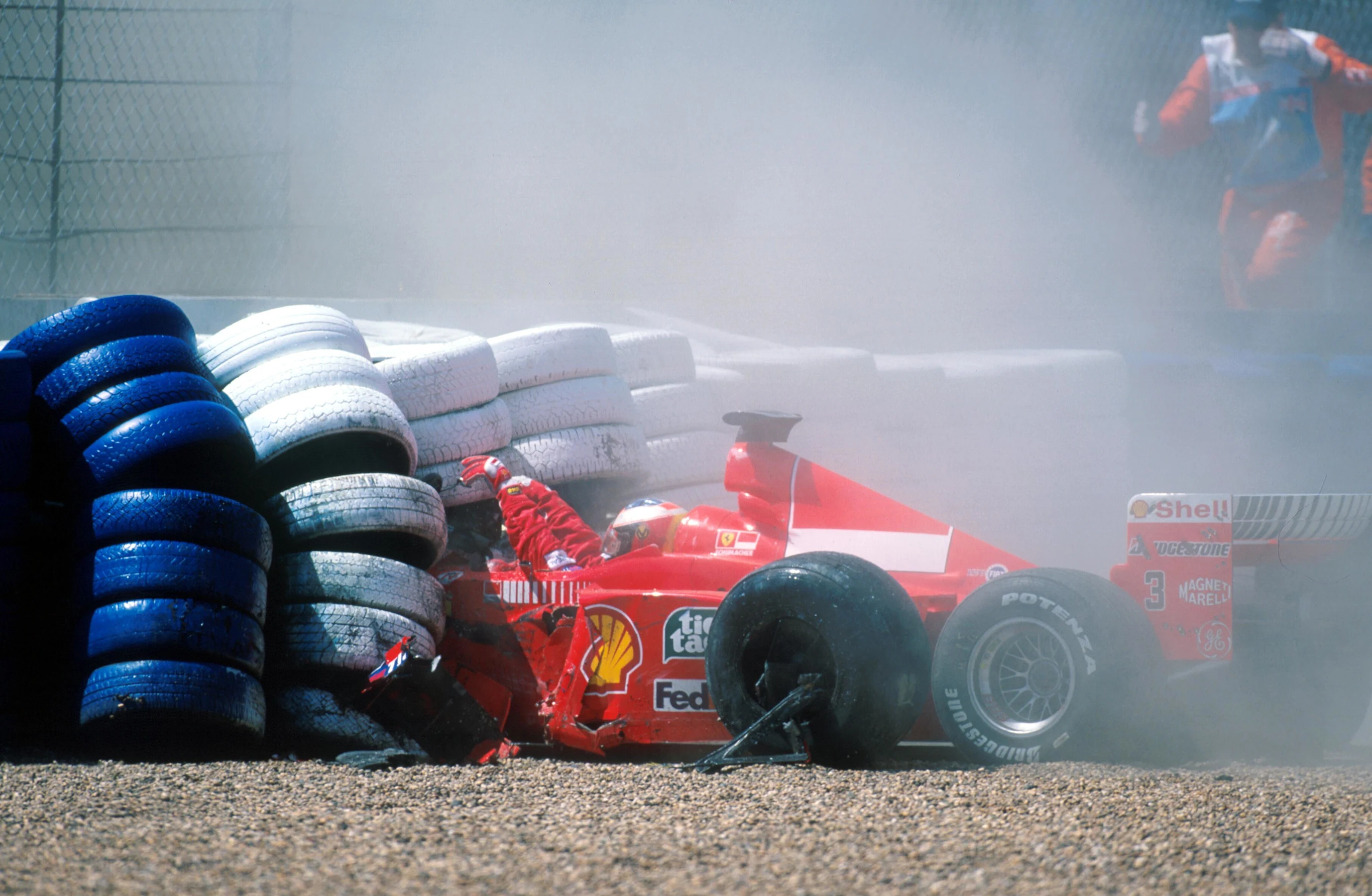 Michael Schumacher(GER) Ferrari F399 accident at Stowe on lap 1 British GP, Silverstone, 11 July