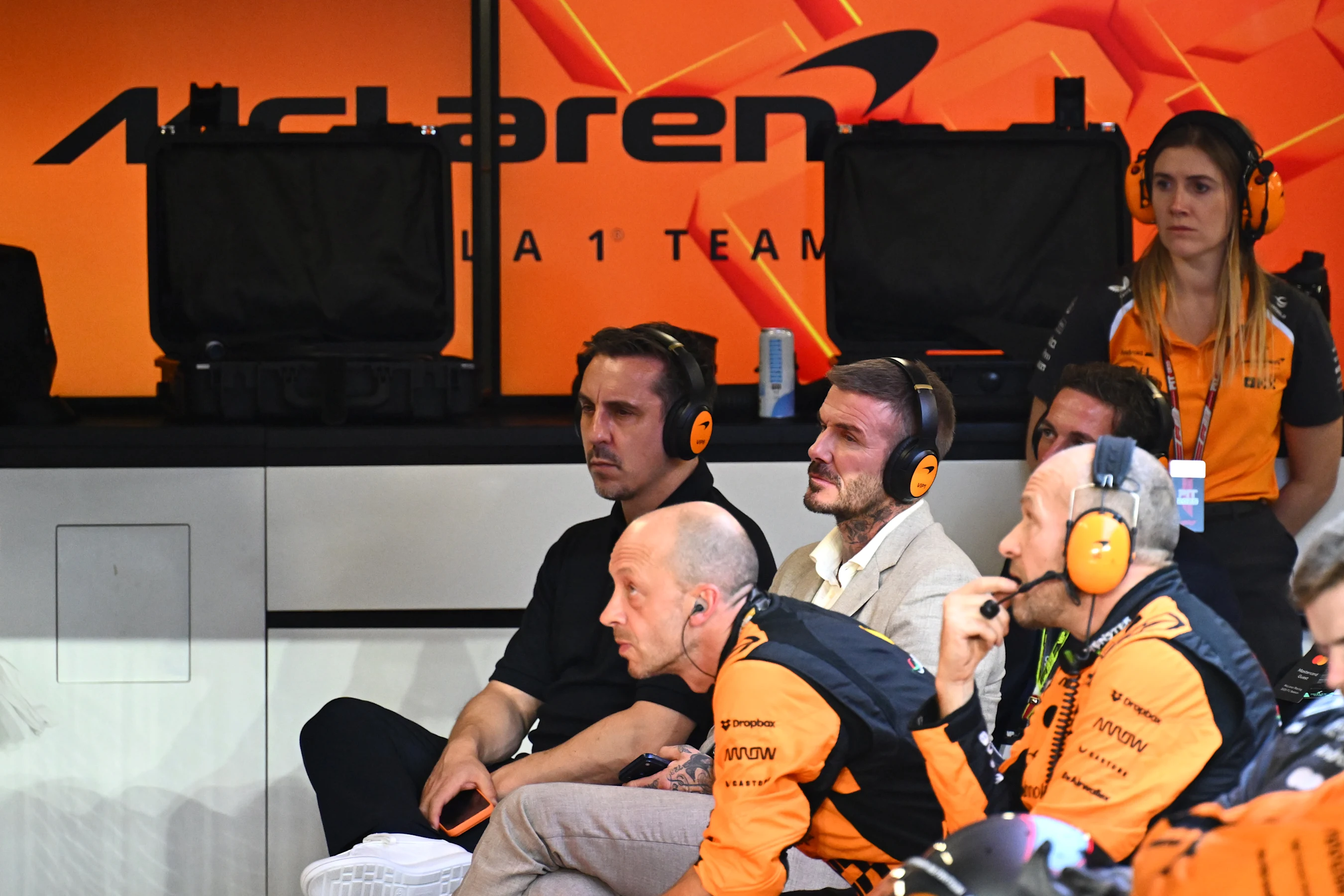 LUSAIL CITY, QATAR - NOVEMBER 30: David Beckham watches the race in the McLaren garage during the