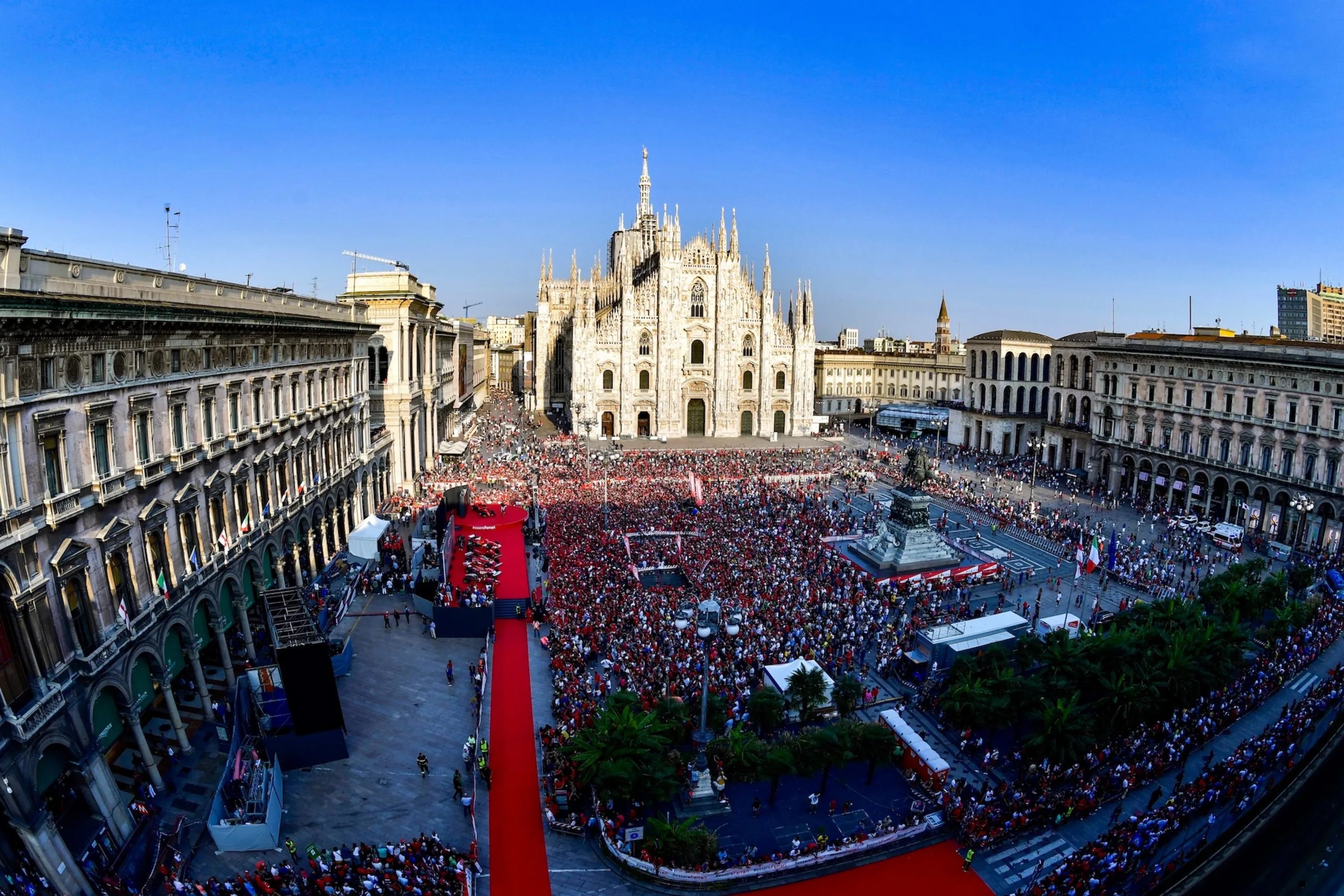 SEPTEMBER 04: Piazza Duomo during the “90 Years of Emotion” event during the Ferrari Milan 90 years