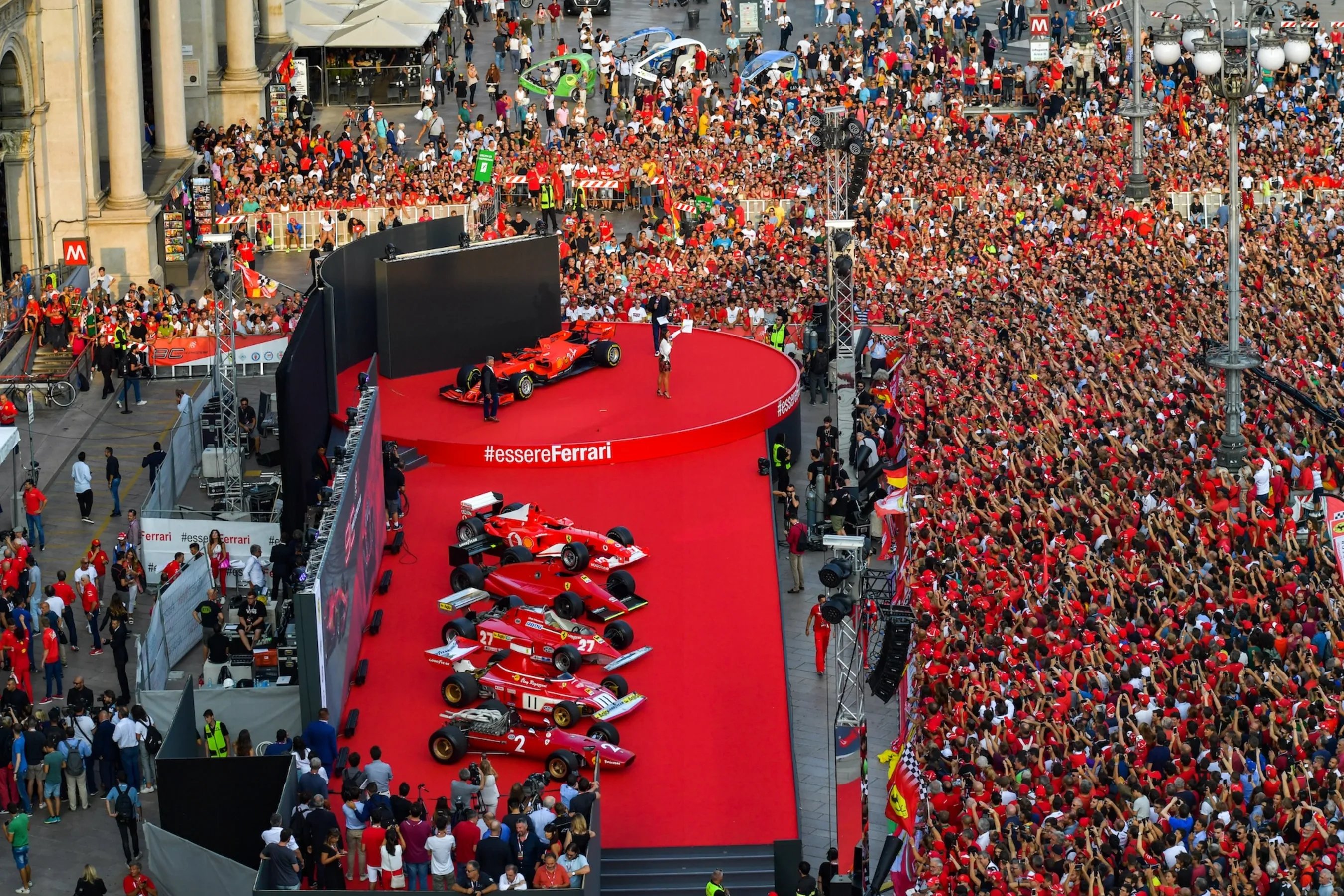 SEPTEMBER 04: Piazza Duomo during the “90 Years of Emotion” event during the Ferrari Milan 90 years