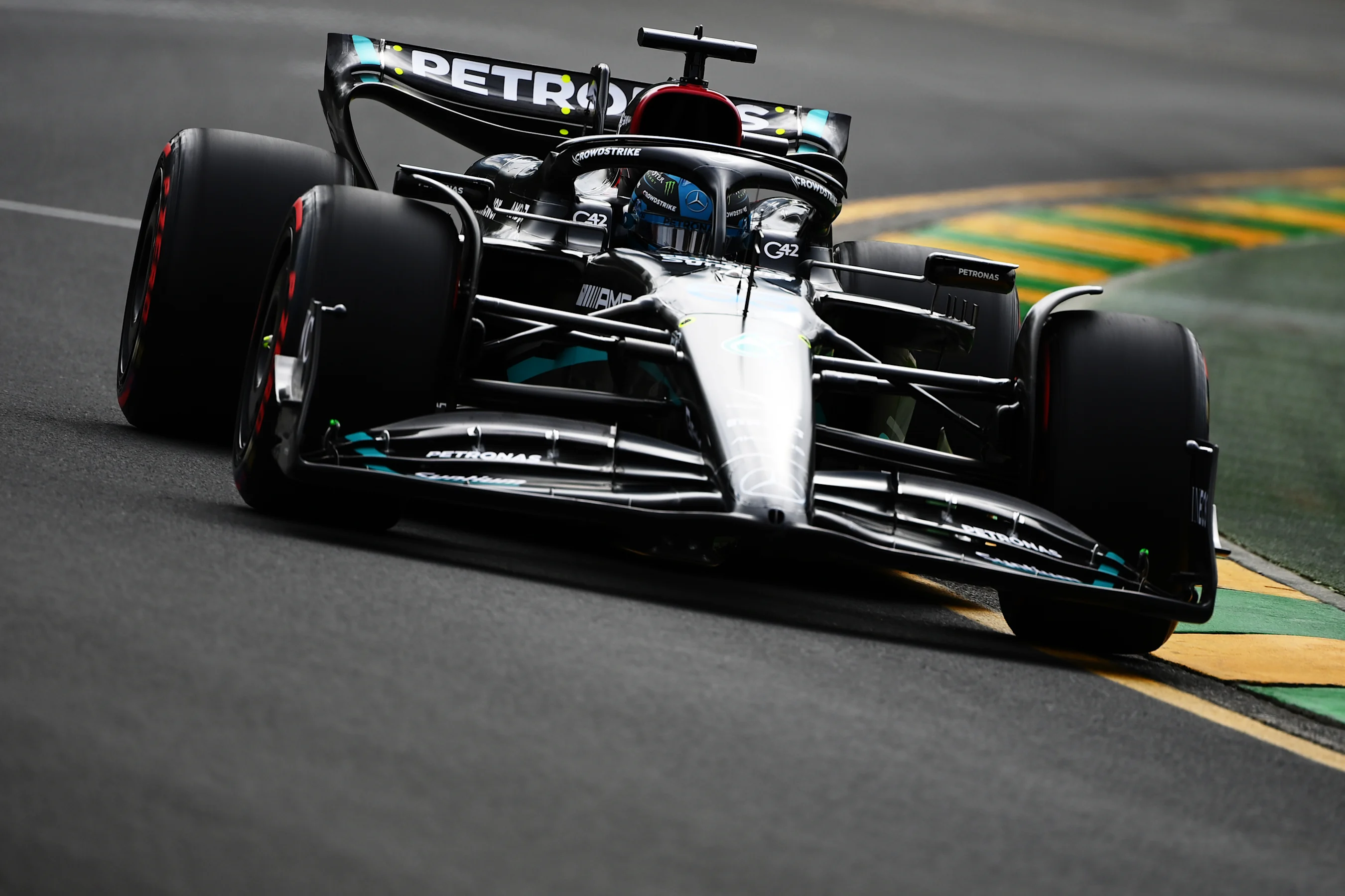 MELBOURNE, AUSTRALIA - APRIL 01: George Russell of Great Britain driving the (63) Mercedes AMG