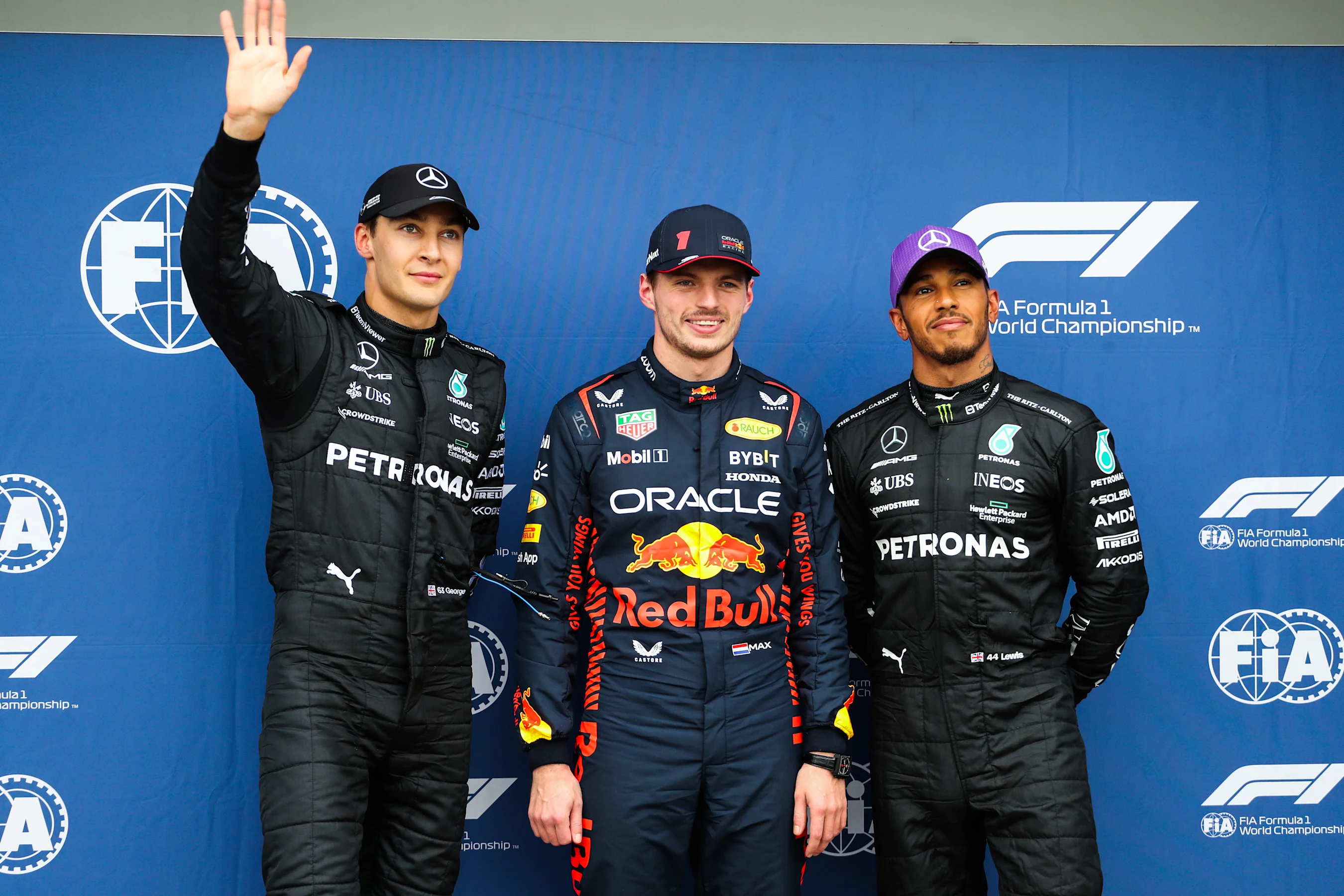 MELBOURNE, AUSTRALIA - APRIL 01: George Russell of Mercedes and Great Britain, Max Verstappen of