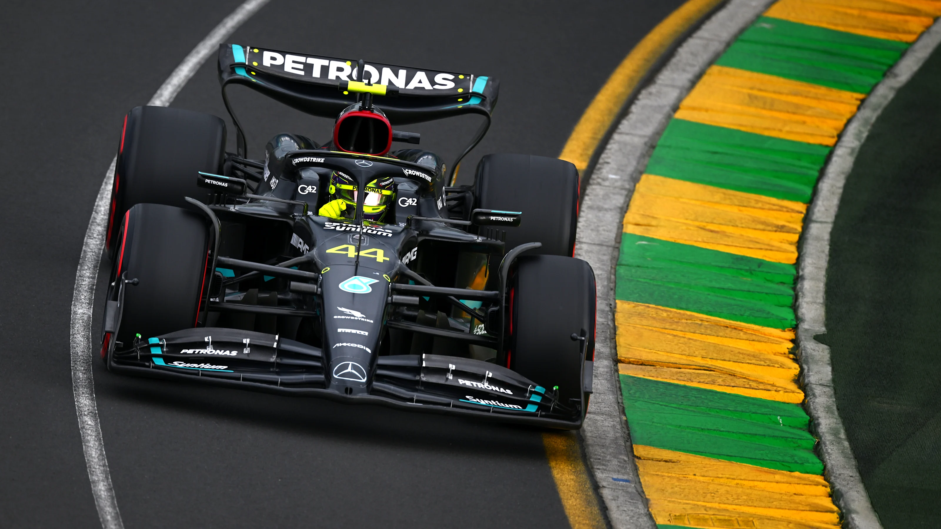 MELBOURNE, AUSTRALIA - APRIL 01: Lewis Hamilton of Great Britain driving the (44) Mercedes AMG