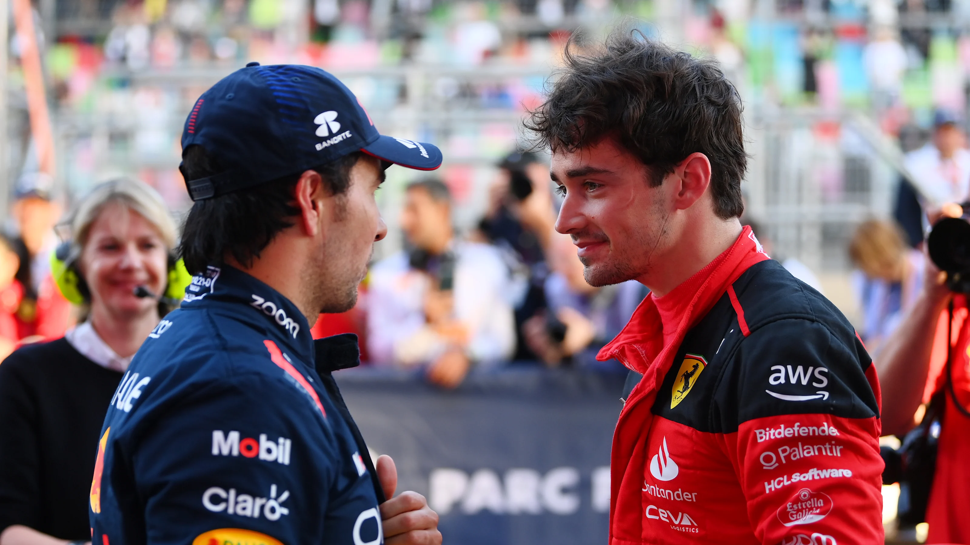 BAKU, AZERBAIJAN - APRIL 28: Pole position qualifier Charles Leclerc of Monaco and Ferrari talks