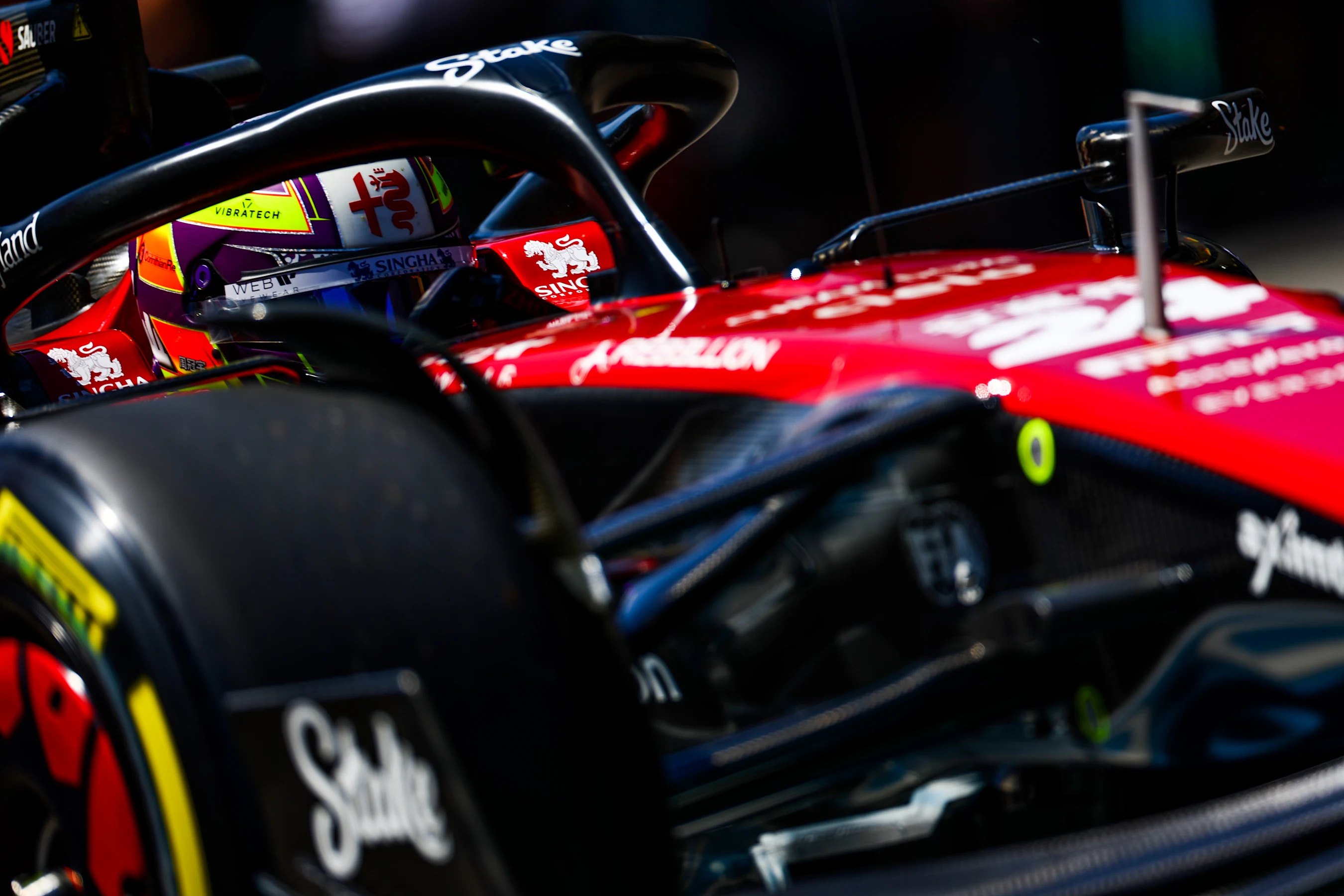 BAKU, AZERBAIJAN - APRIL 29: Zhou Guanyu of China driving the (24) Alfa Romeo F1 C43 Ferrari on