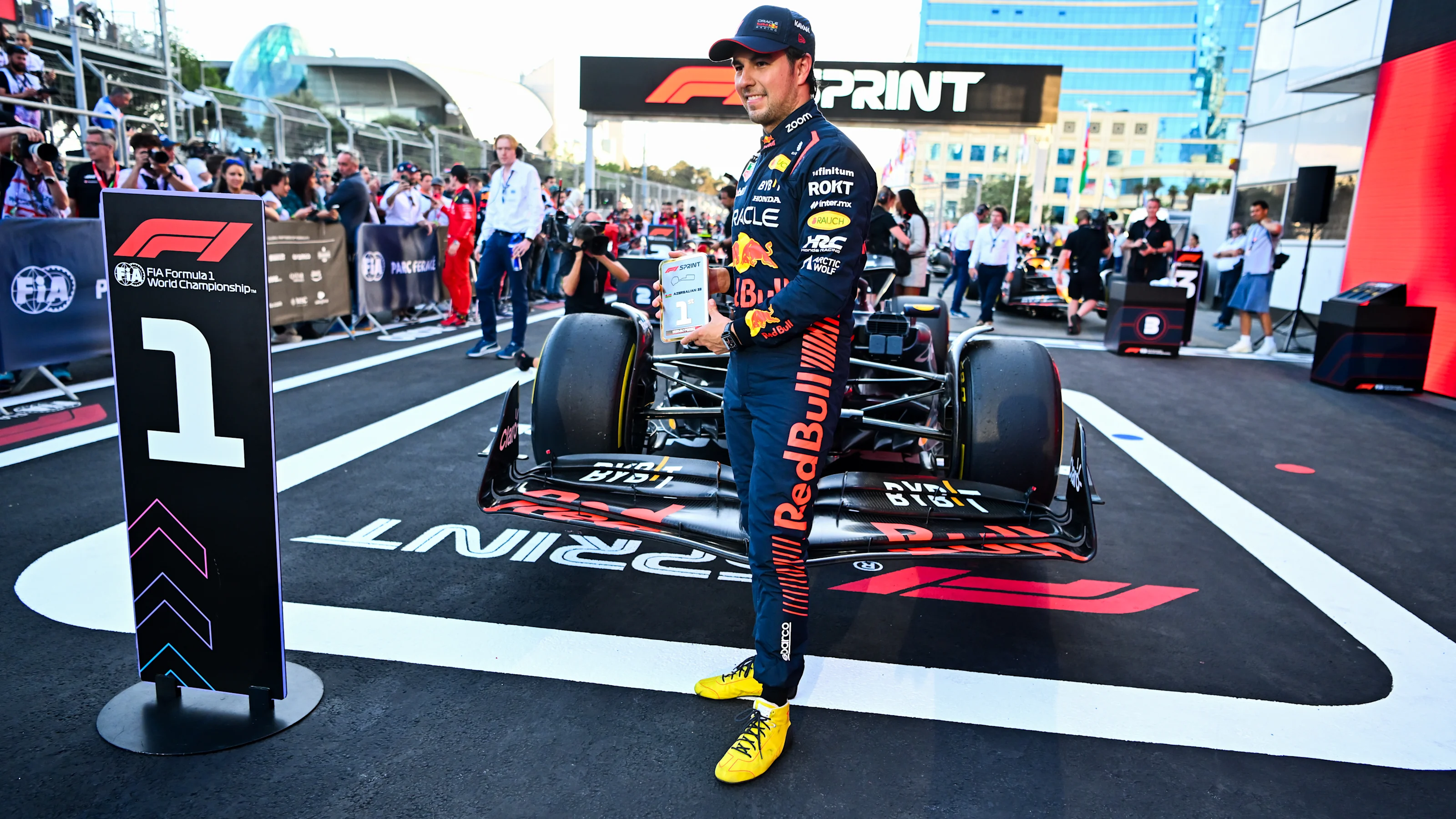 BAKU, AZERBAIJAN - APRIL 29: Sprint winner Sergio Perez of Mexico and Oracle Red Bull Racing