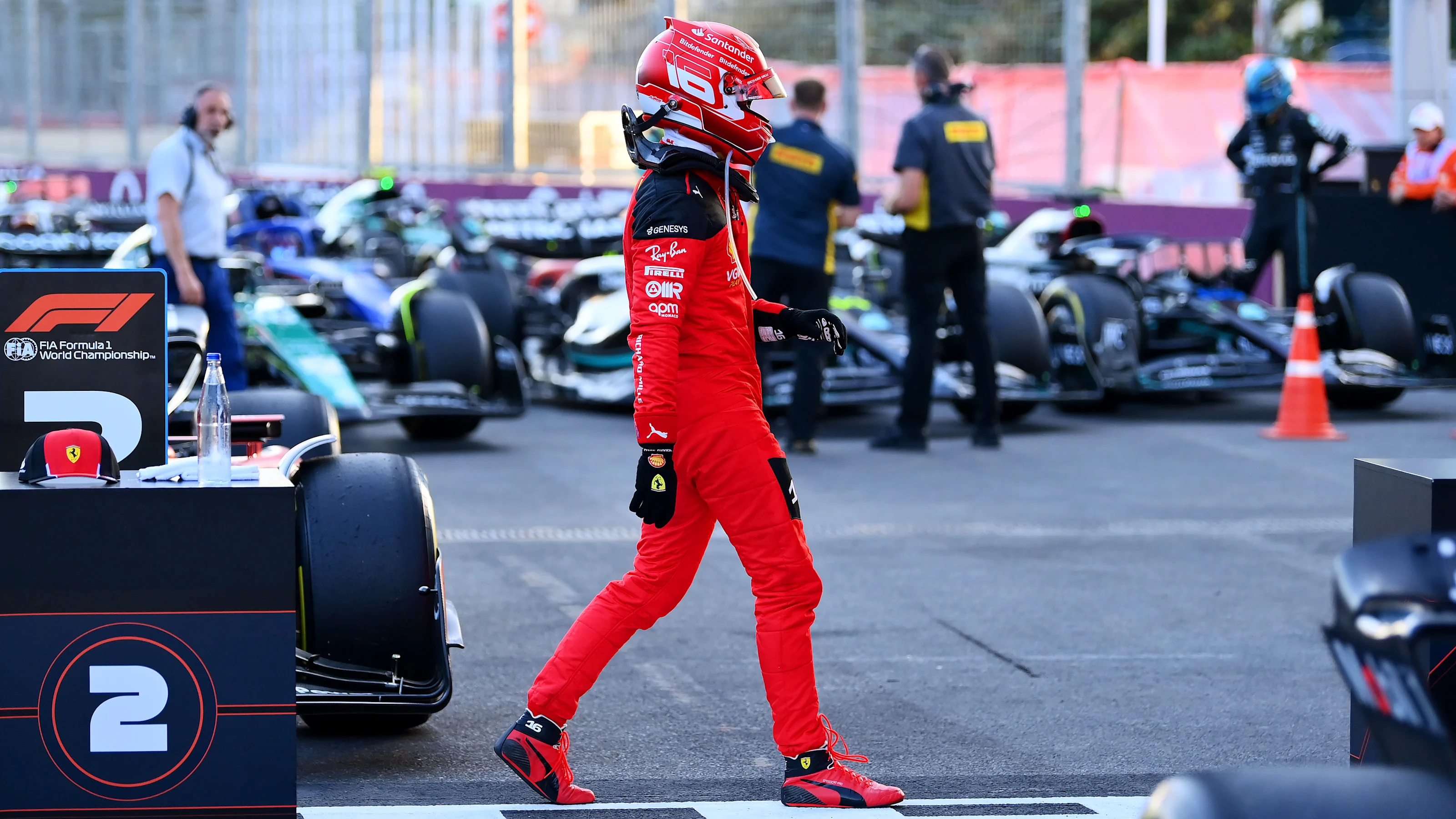 BAKU, AZERBAIJAN - APRIL 29: Second placed Charles Leclerc of Monaco and Ferrari (L) celebrates in