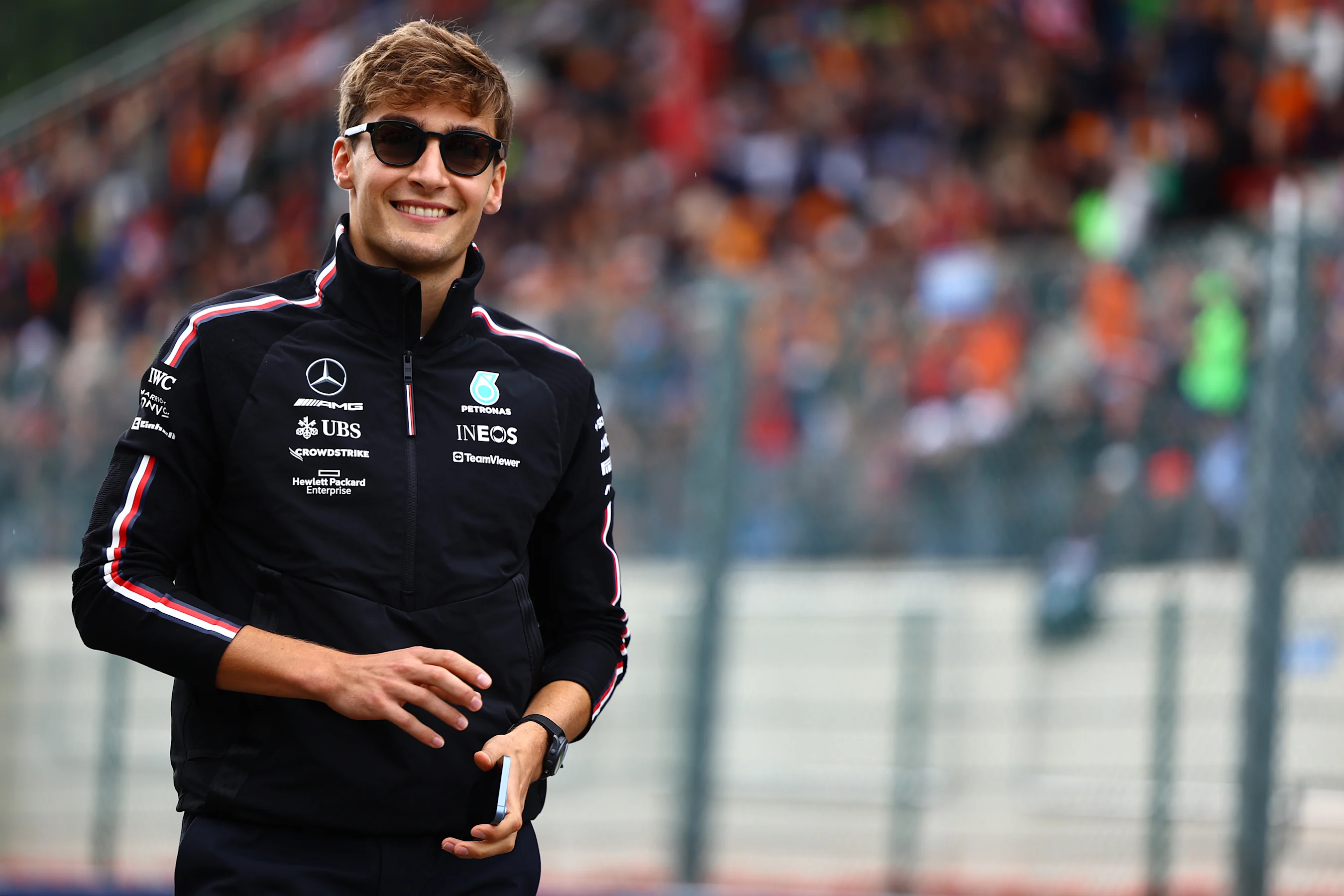 SPA, BELGIUM - JULY 30: George Russell of Great Britain and Mercedes looks on from the drivers