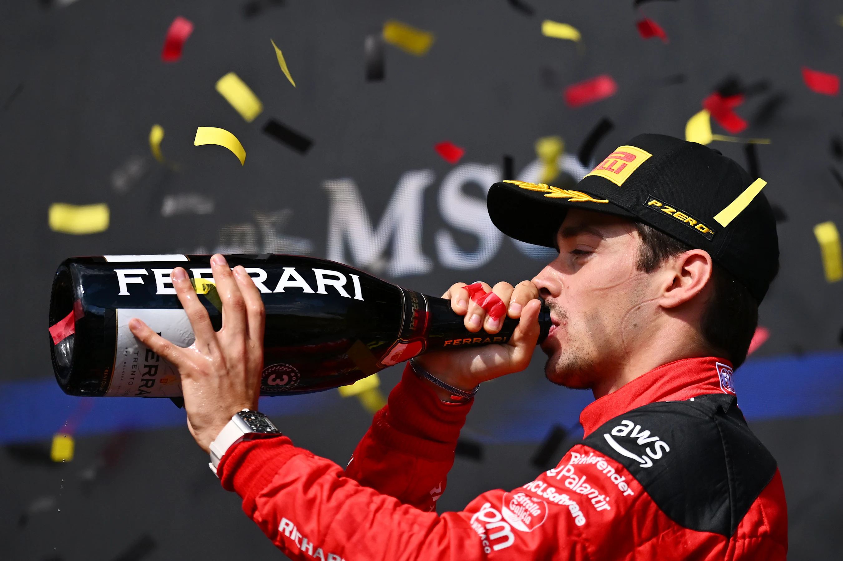 SPA, BELGIUM - JULY 30: Third placed Charles Leclerc of Monaco and Ferrari celebrates on the podium