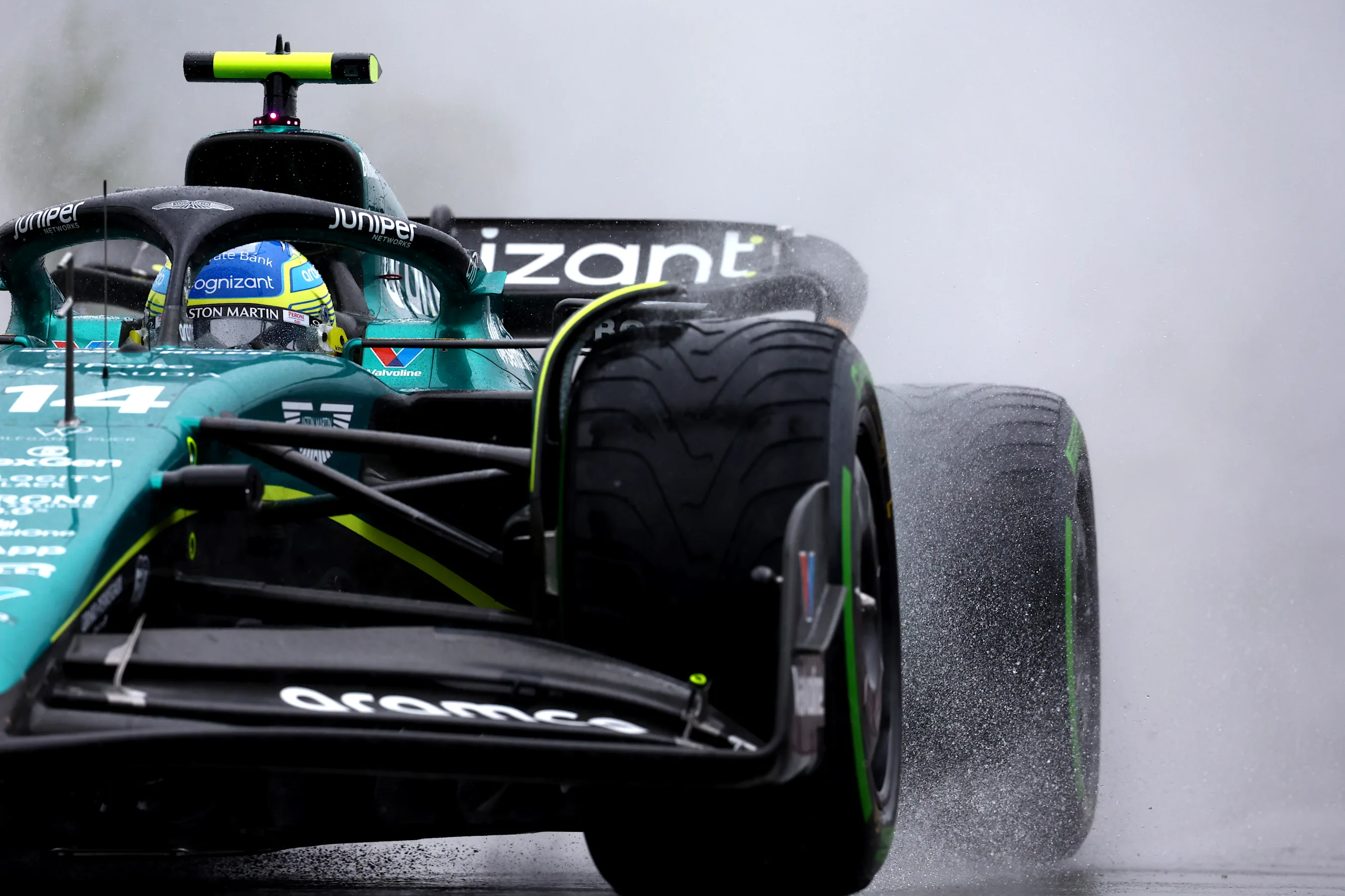 SPA, BELGIUM - JULY 28: Fernando Alonso of Spain driving the (14) Aston Martin AMR23 Mercedes on