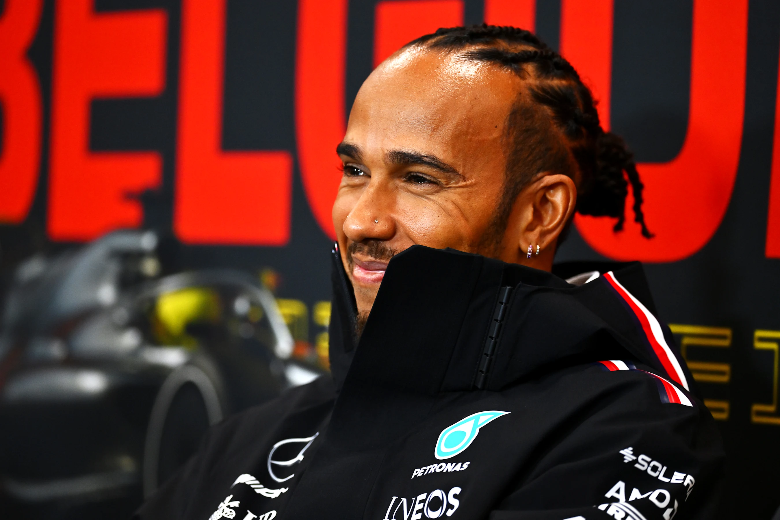 SPA, BELGIUM - JULY 27: Lewis Hamilton of Great Britain and Mercedes attends the Drivers Press
