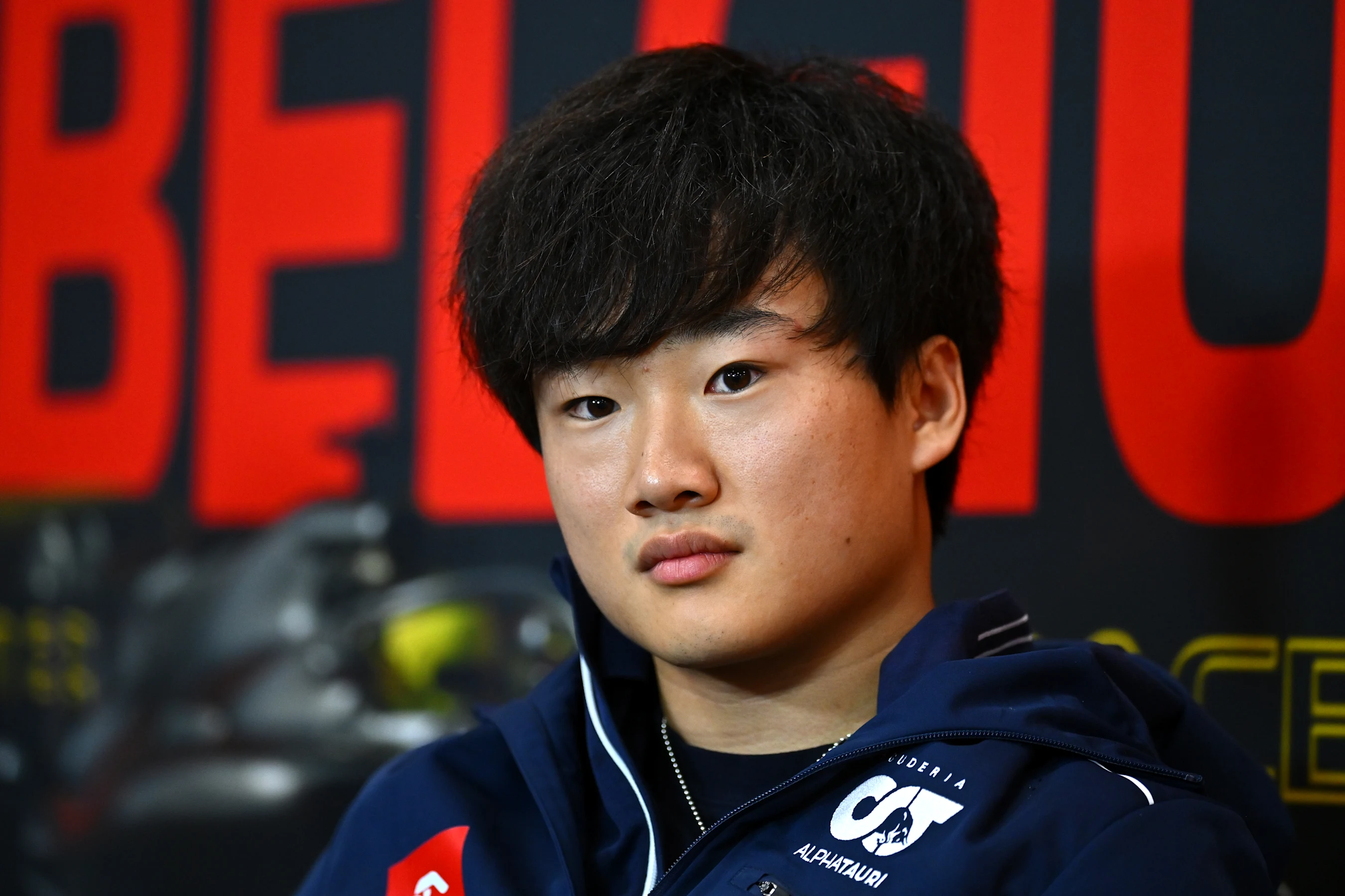SPA, BELGIUM - JULY 27: Yuki Tsunoda of Japan and Scuderia AlphaTauri attends the Drivers Press