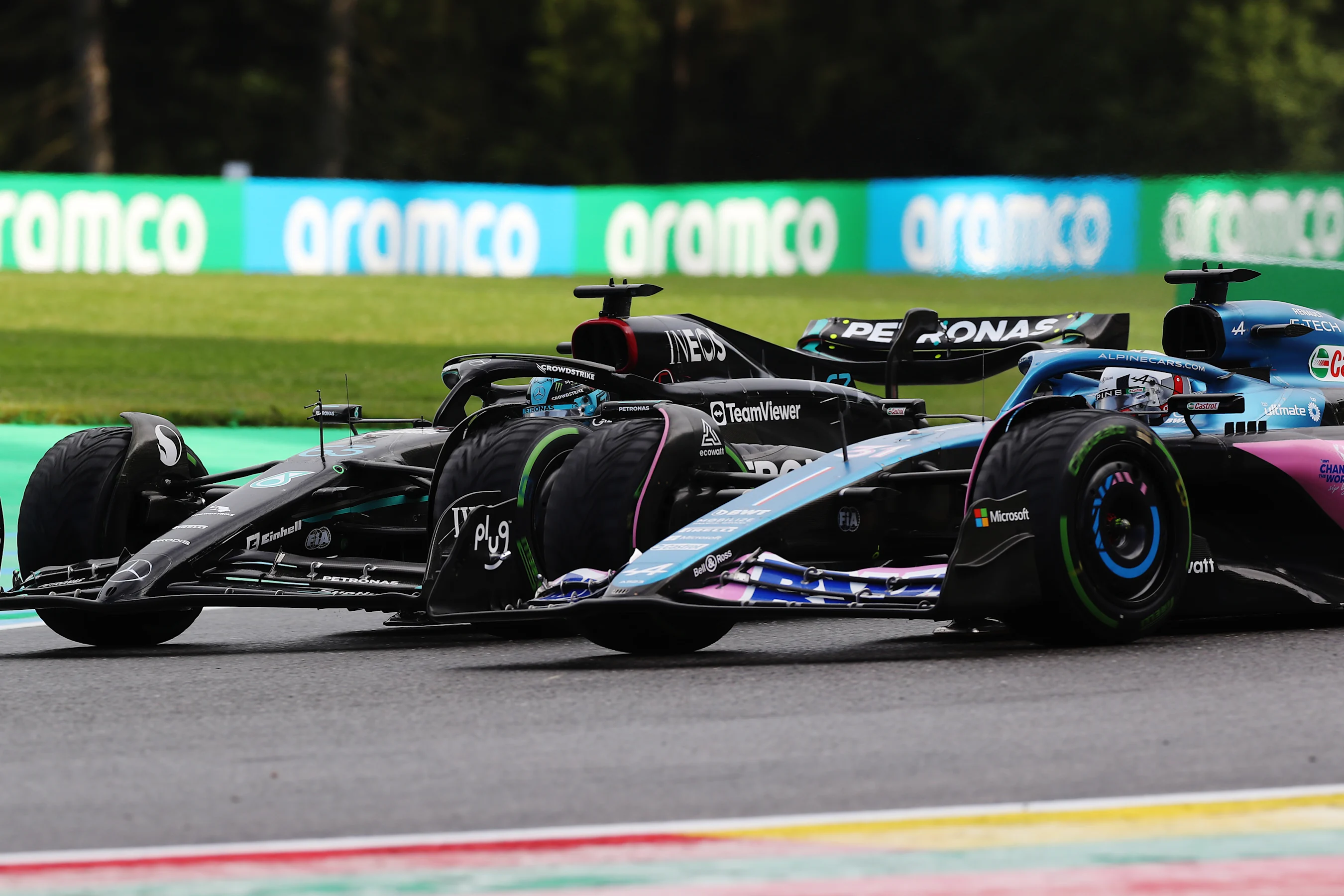 SPA, BELGIUM - JULY 29: George Russell of Great Britain driving the (63) Mercedes AMG Petronas F1