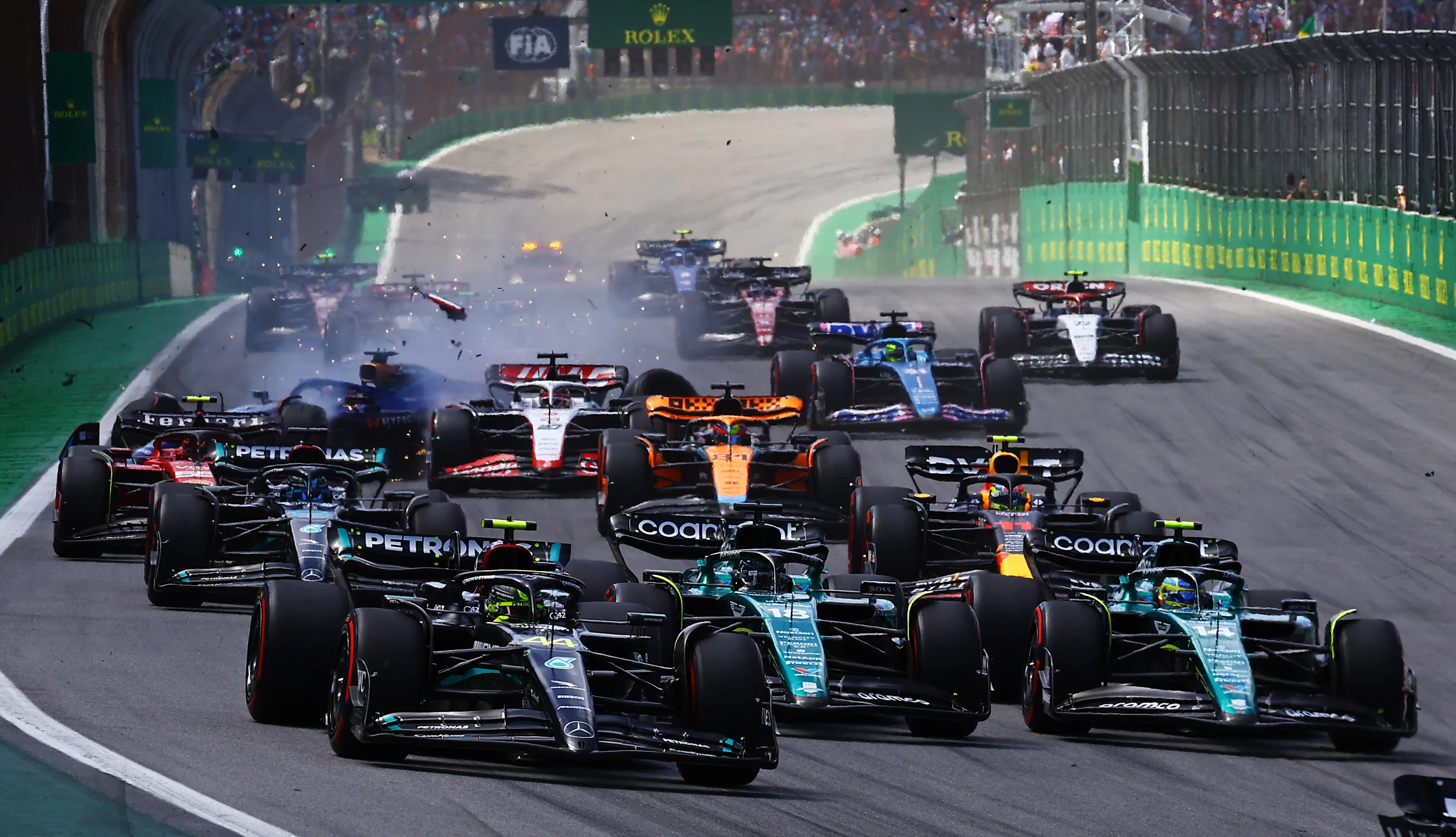 SAO PAULO, BRAZIL - NOVEMBER 05: Lewis Hamilton of Great Britain driving the (44) Mercedes AMG