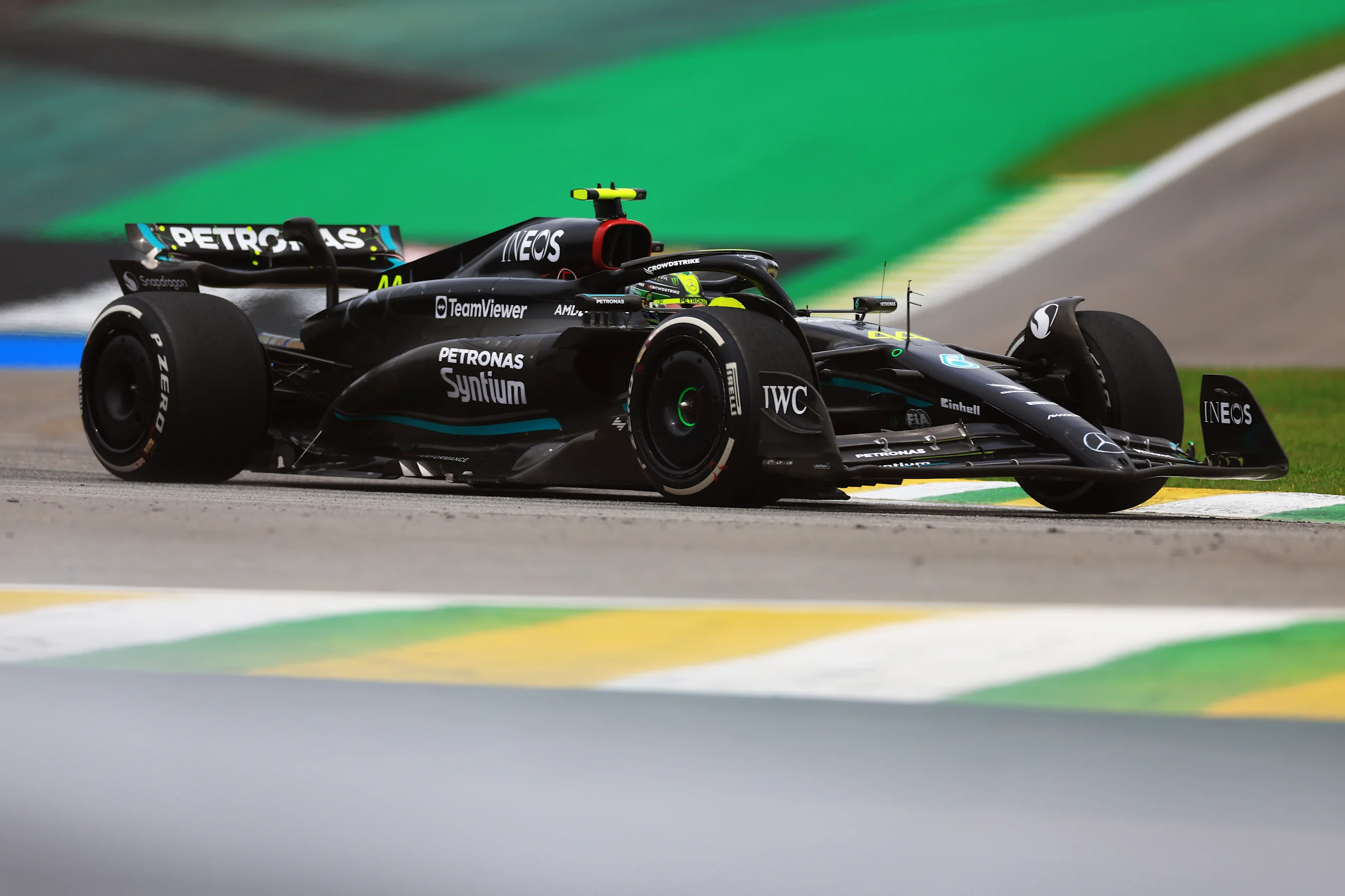 SAO PAULO, BRAZIL - NOVEMBER 03: Lewis Hamilton of Great Britain driving the (44) Mercedes AMG
