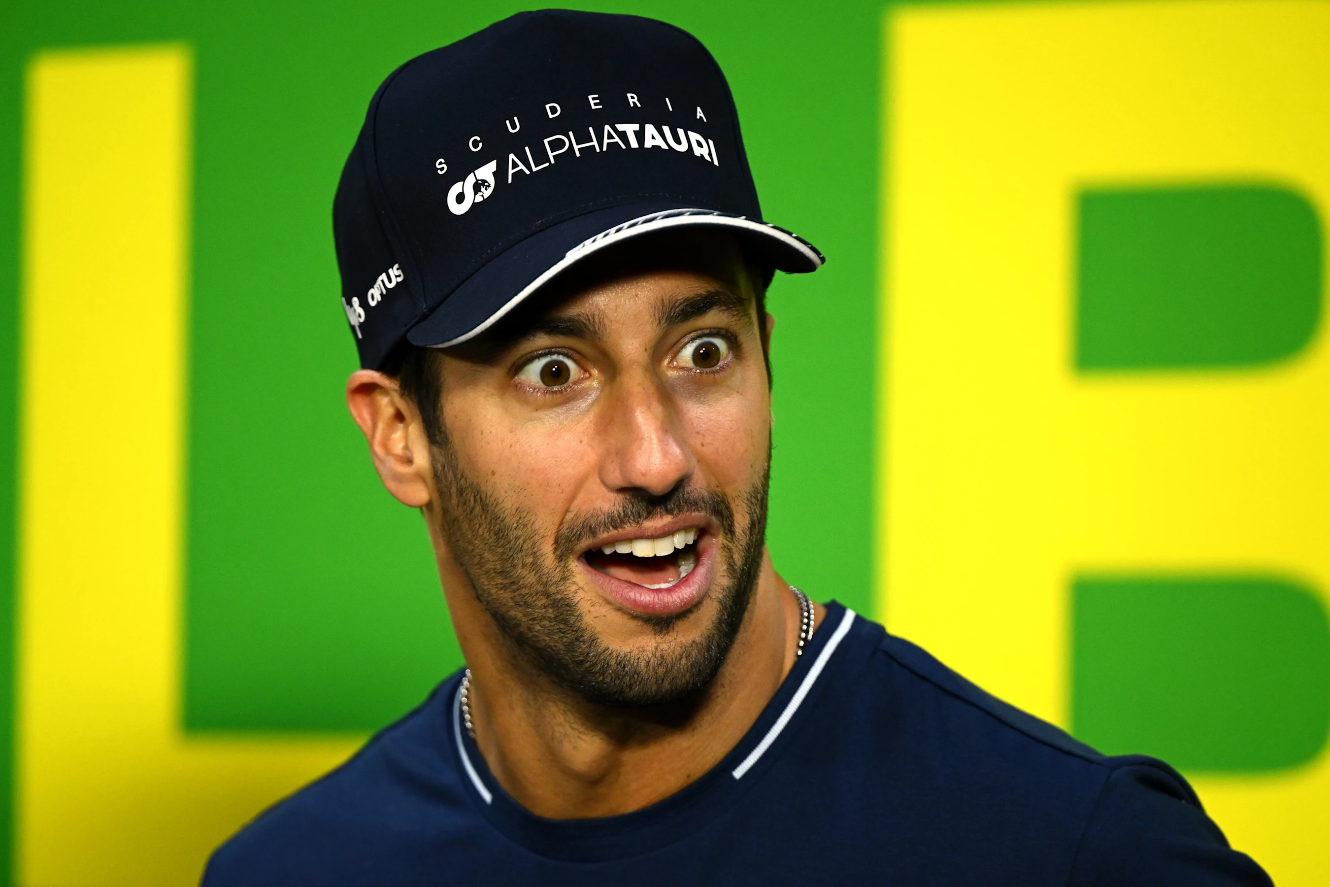 SAO PAULO, BRAZIL - NOVEMBER 02: Daniel Ricciardo of Australia and Scuderia AlphaTauri reacts in