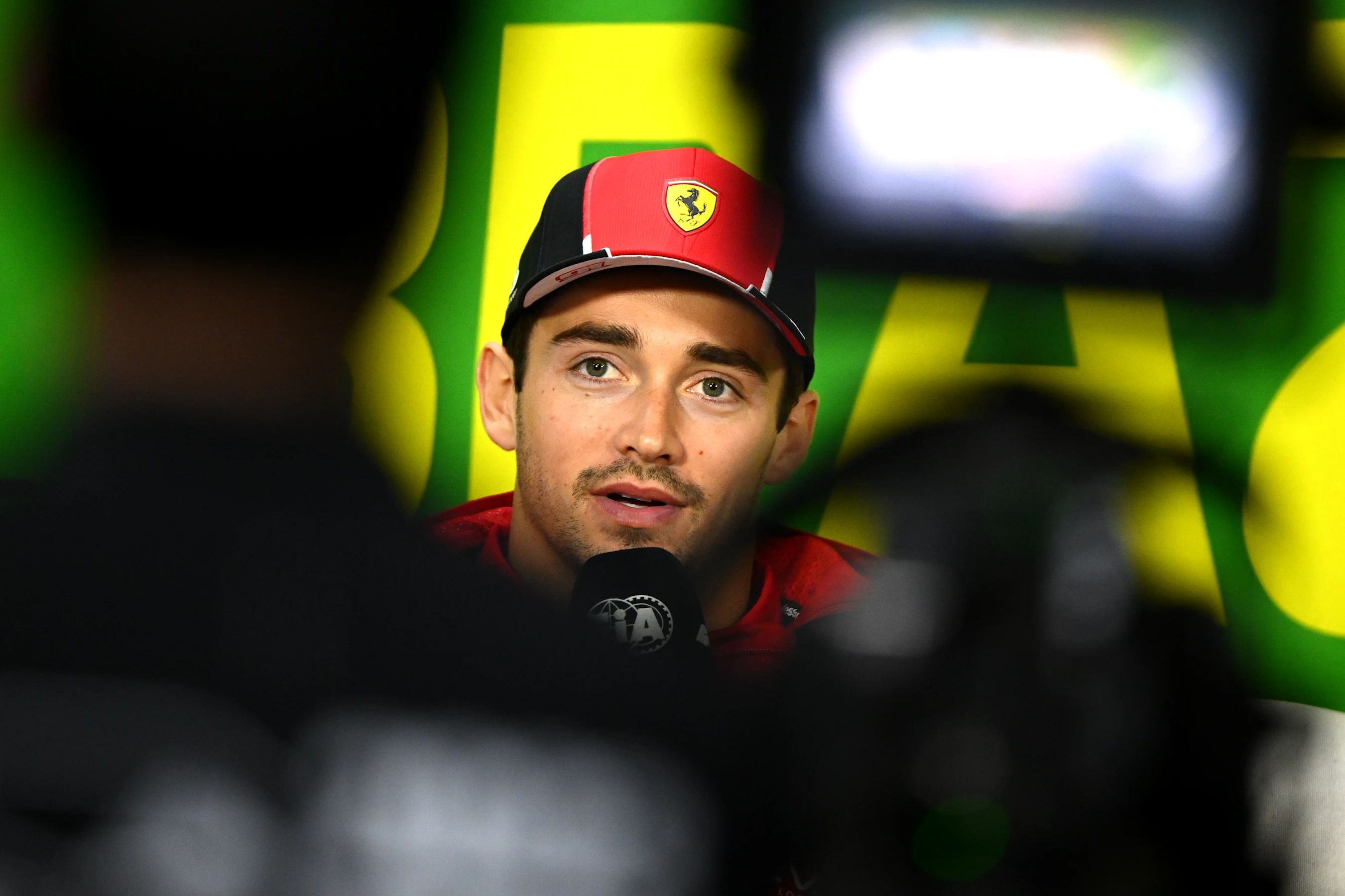 SAO PAULO, BRAZIL - NOVEMBER 02: Charles Leclerc of Monaco and Ferrari talks in the Drivers Press