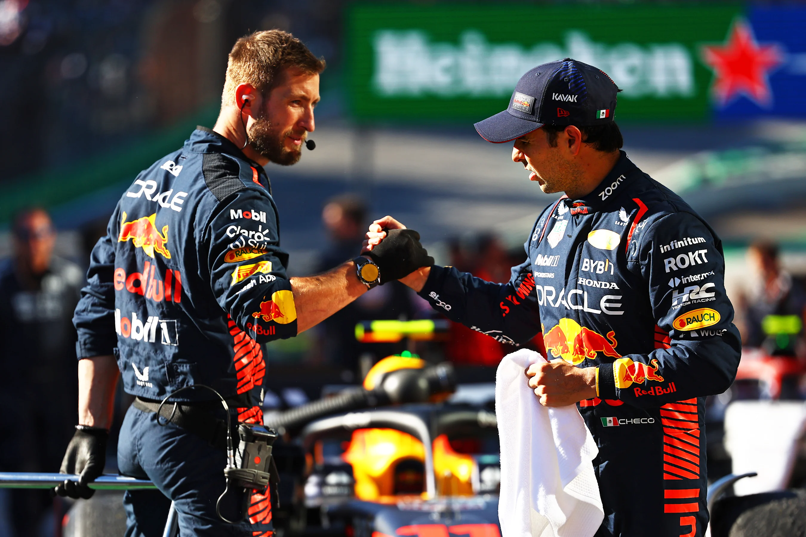 SAO PAULO, BRAZIL - NOVEMBER 04: Third placed Sergio Perez of Mexico and Oracle Red Bull Racing