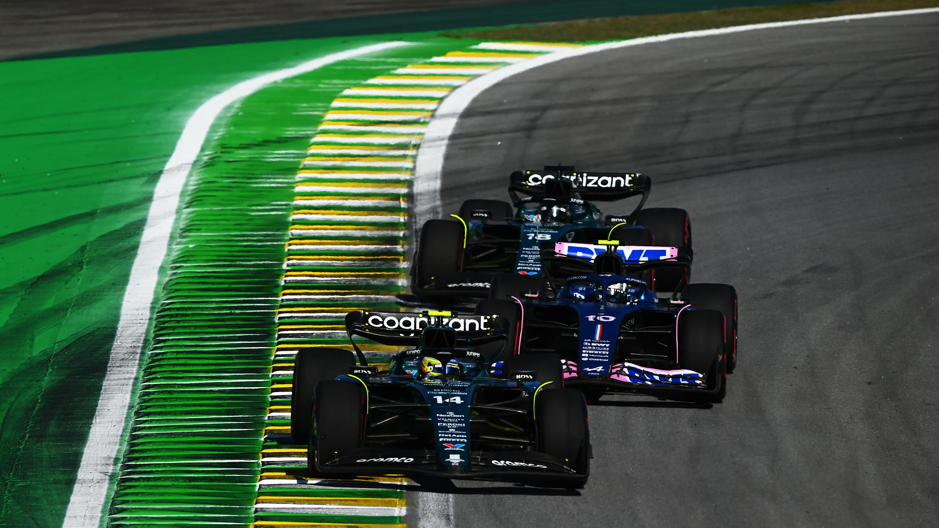 SAO PAULO, BRAZIL - NOVEMBER 04: Fernando Alonso of Spain driving the (14) Aston Martin AMR23