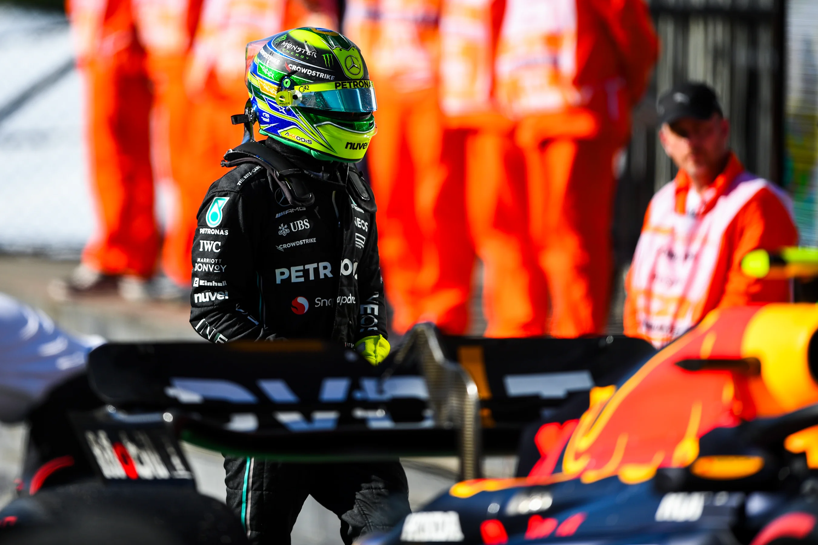 SAO PAULO, BRAZIL - NOVEMBER 04: 7th placed Lewis Hamilton of Great Britain and Mercedes walks in