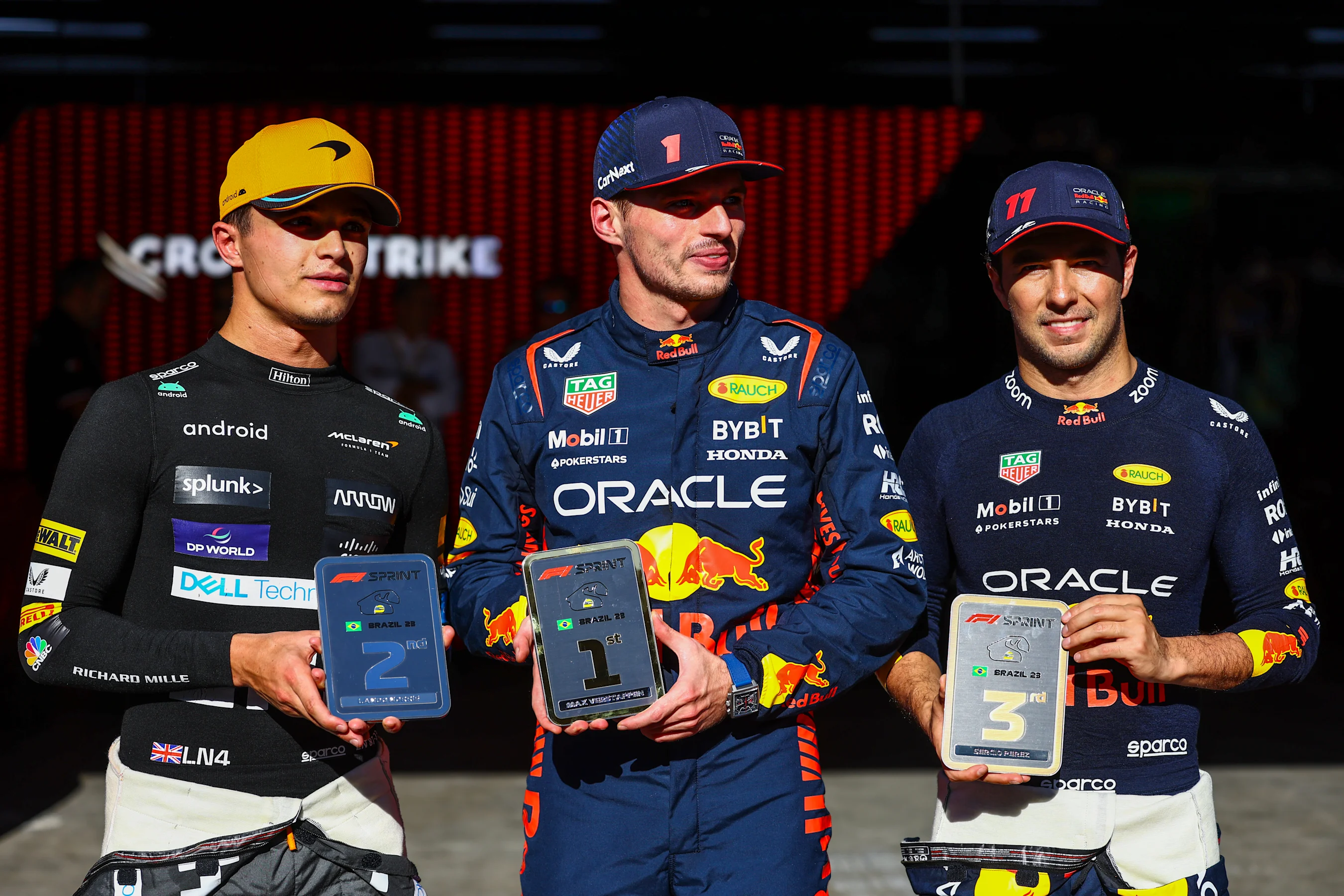 SAO PAULO, BRAZIL - NOVEMBER 04: Sprint winner Max Verstappen of the Netherlands and Oracle Red