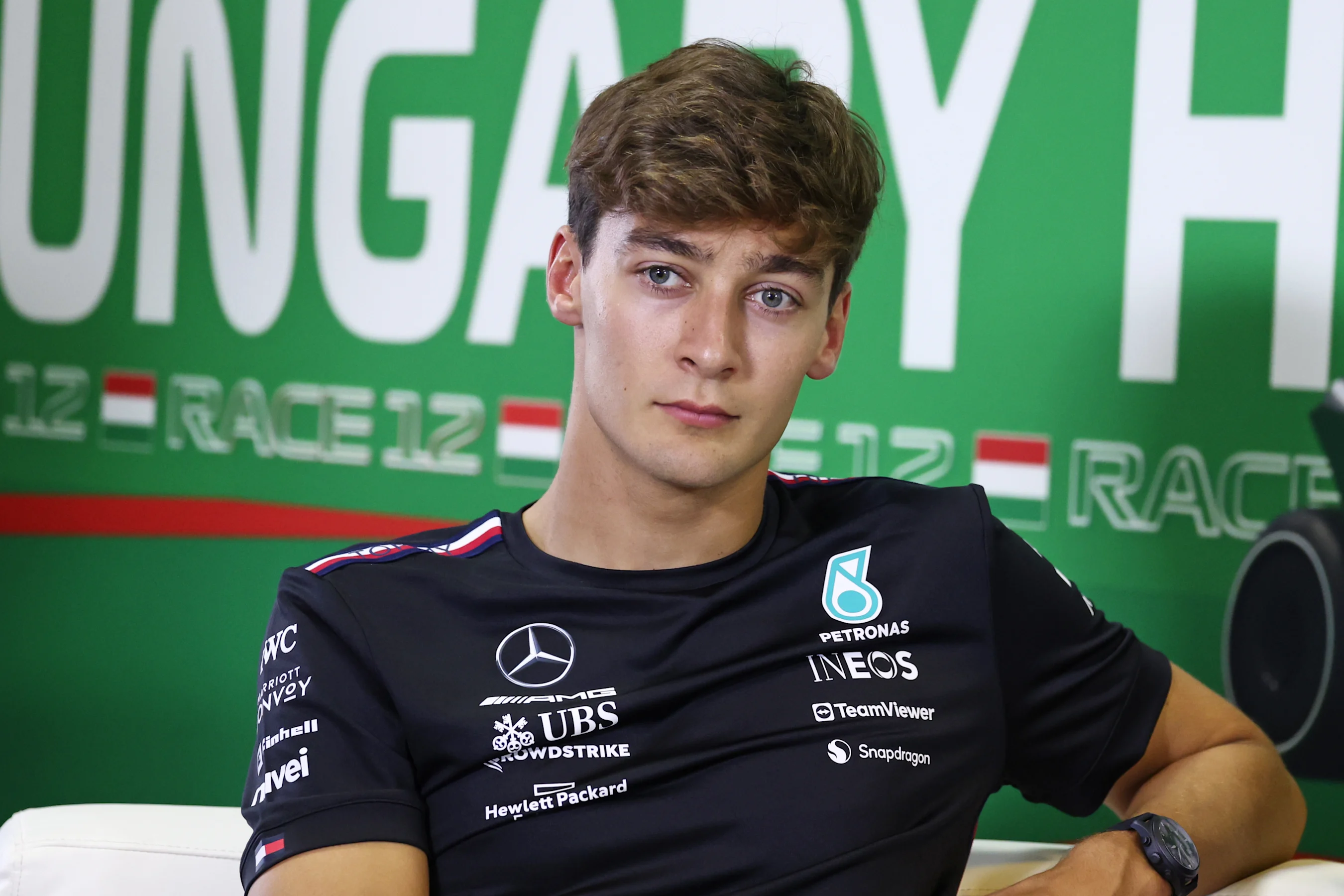BUDAPEST, HUNGARY - JULY 20: George Russell of Great Britain and Mercedes attends the Drivers Press