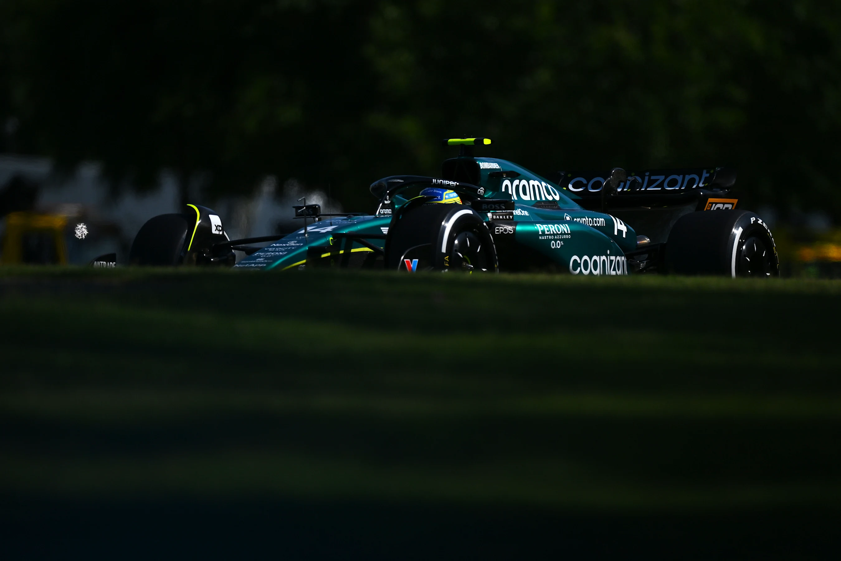 BUDAPEST, HUNGARY - JULY 22: Fernando Alonso of Spain driving the (14) Aston Martin AMR23 Mercedes