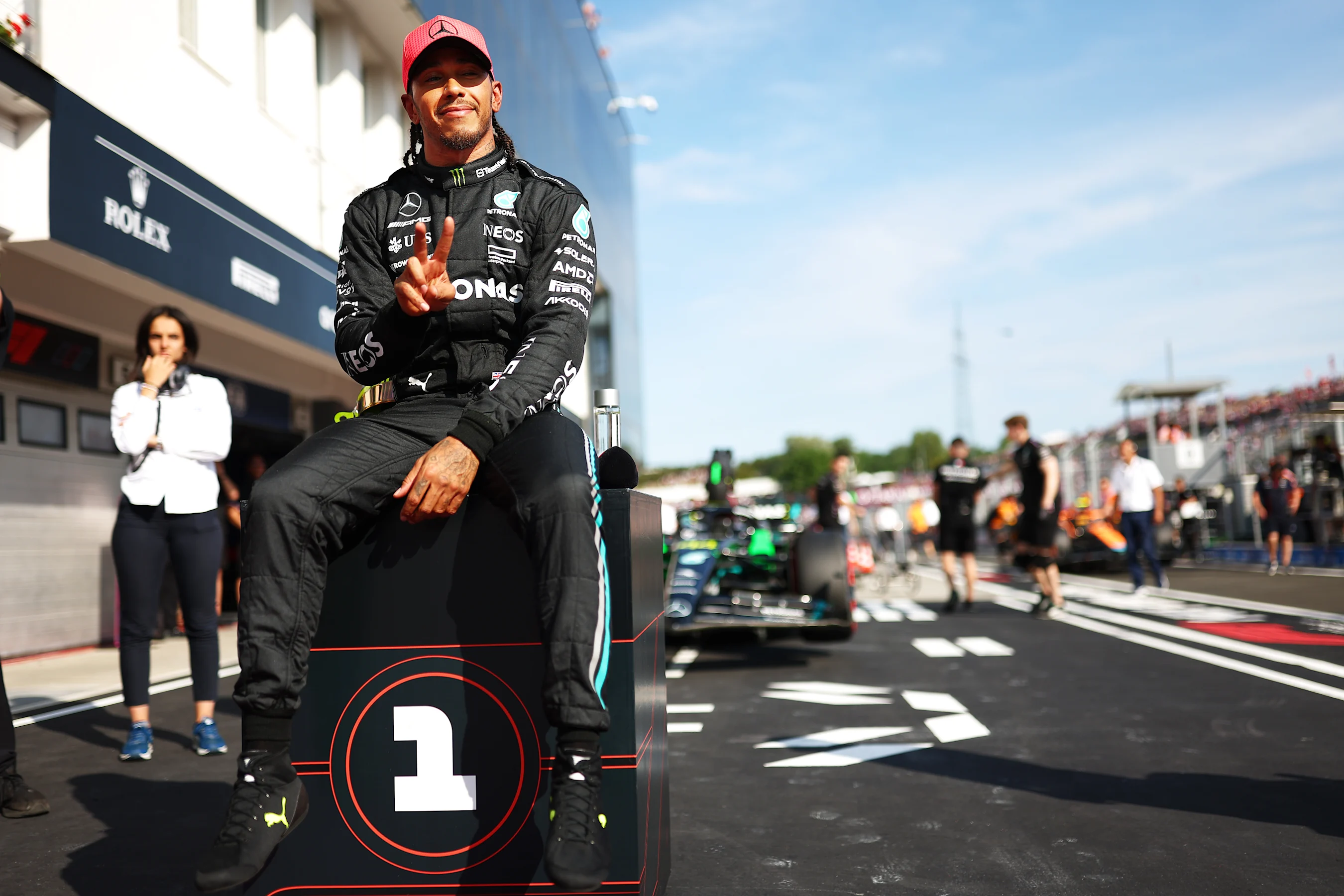 BUDAPEST, HUNGARY - JULY 22: Pole position qualifier Lewis Hamilton of Great Britain and Mercedes