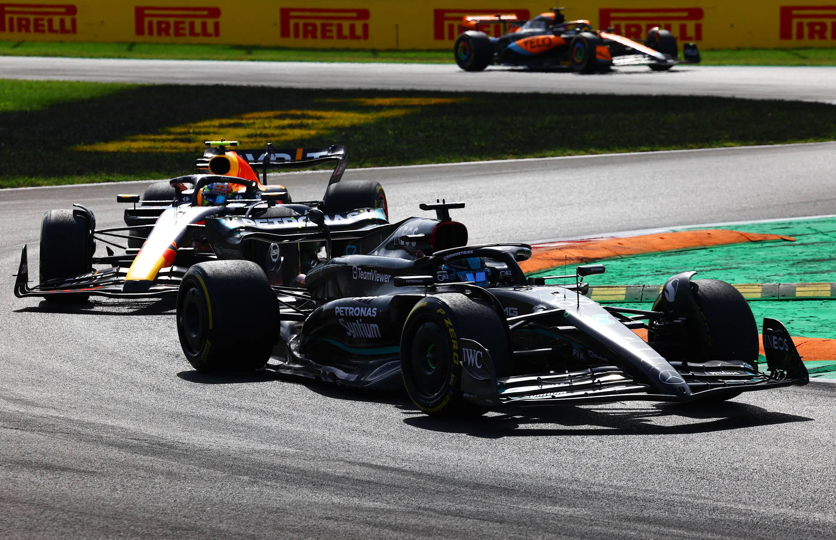 MONZA, ITALY - SEPTEMBER 03: George Russell of Great Britain driving the (63) Mercedes AMG Petronas