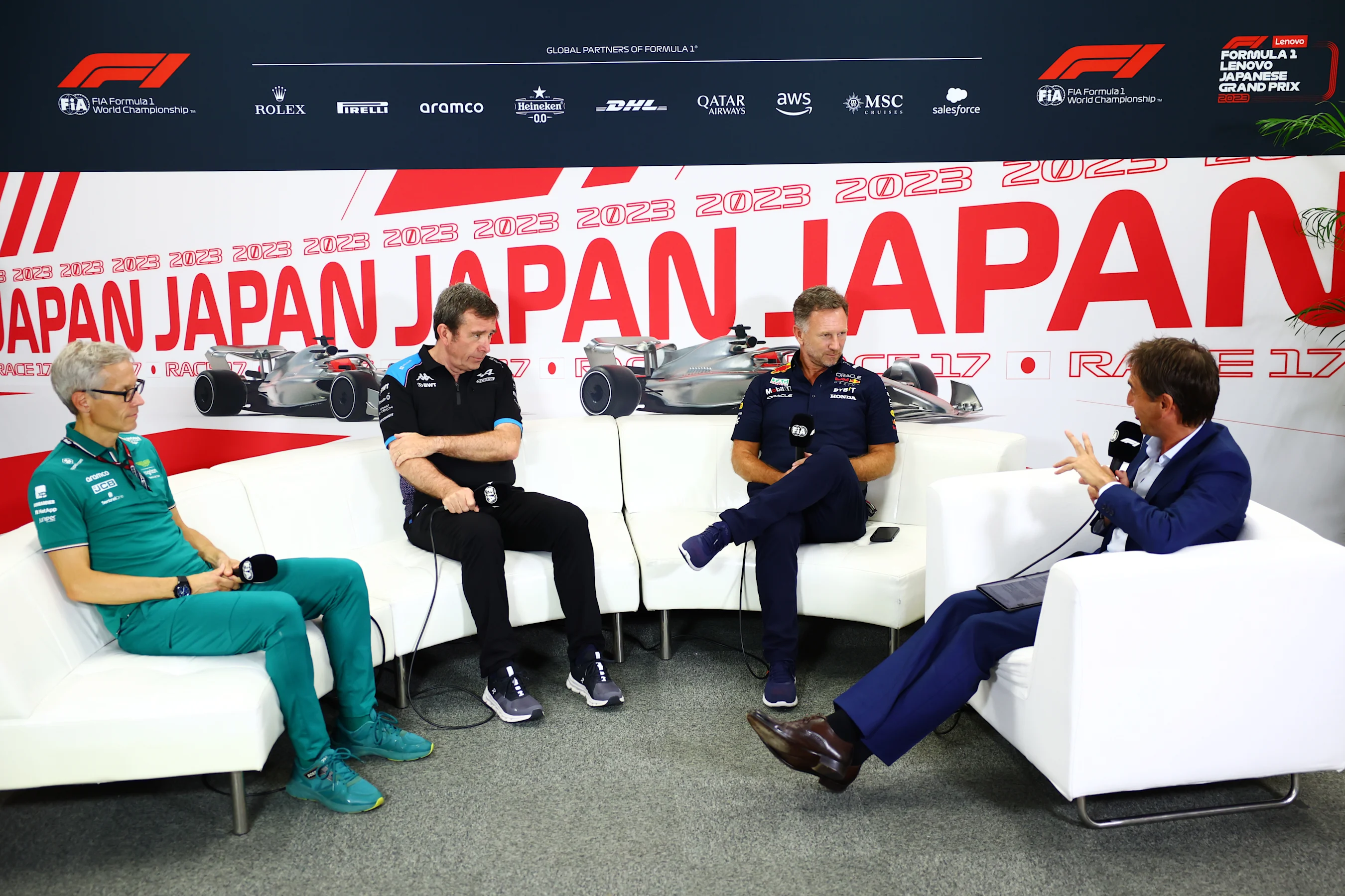 SUZUKA, JAPAN - SEPTEMBER 22: Mike Krack, Team Principal of the Aston Martin F1 Team, Bruno Famin,