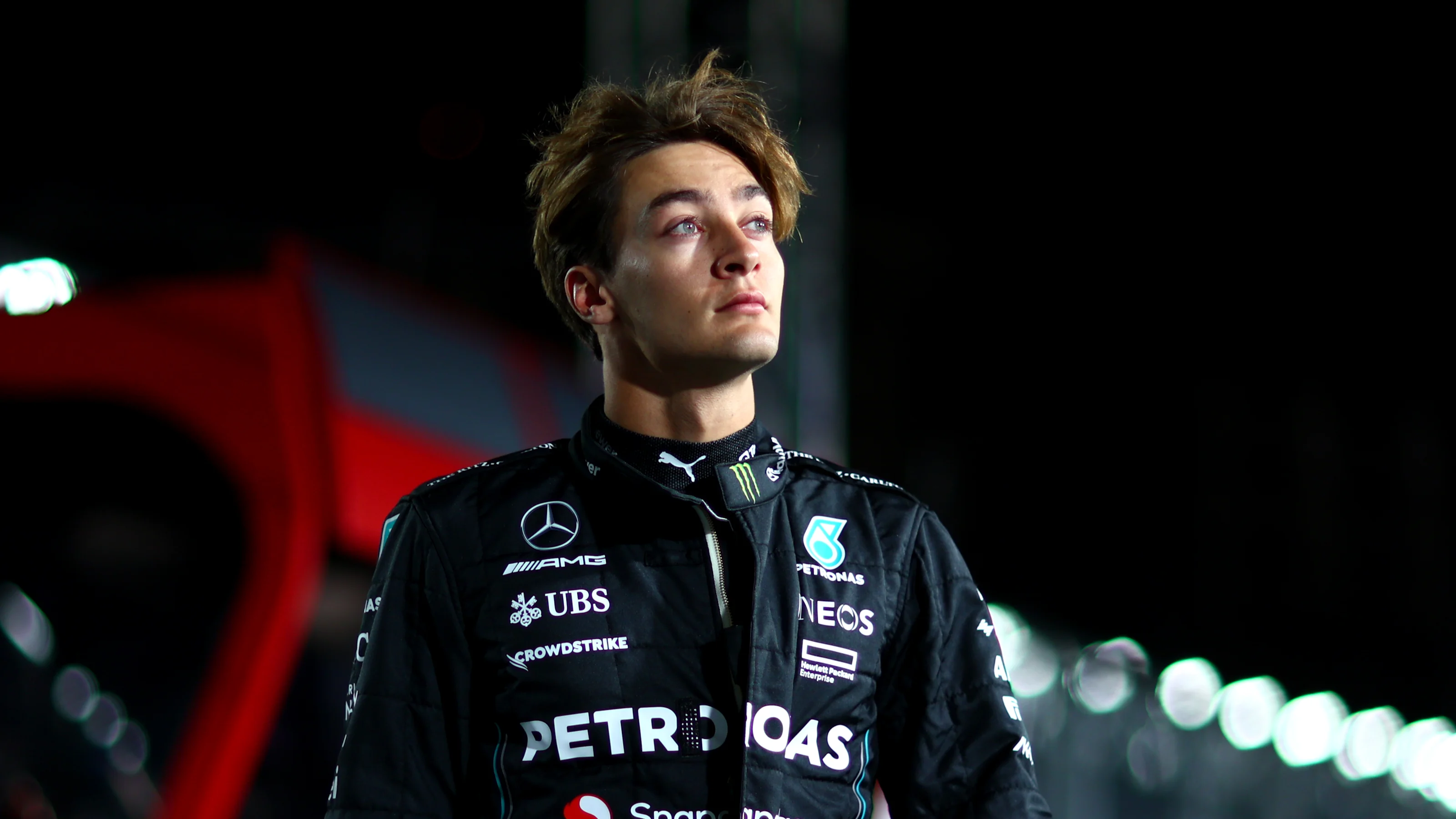 LAS VEGAS, NEVADA - NOVEMBER 17: George Russell of Great Britain and Mercedes walks in the pitlane