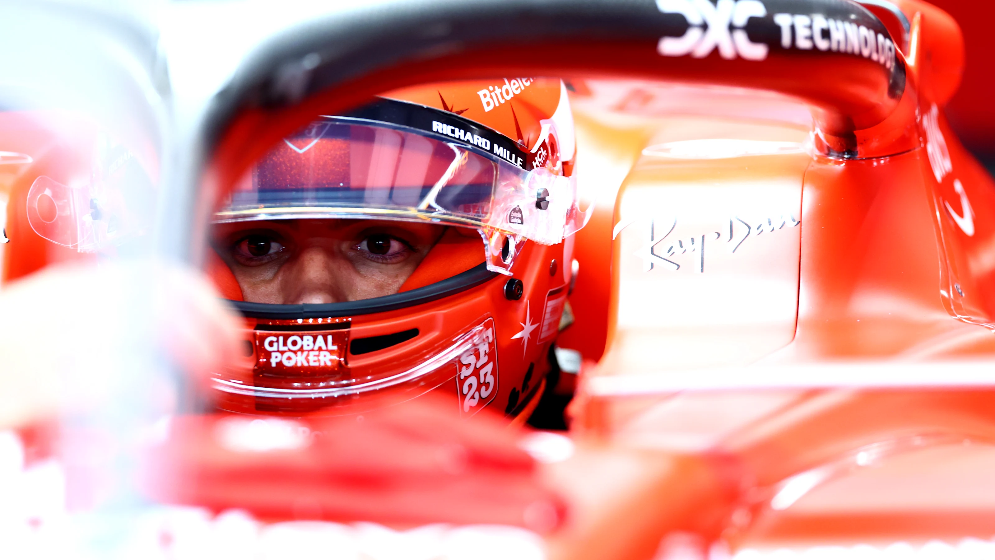 LAS VEGAS, NEVADA - NOVEMBER 17: Carlos Sainz of Spain and Ferrari prepares to drive in the garage