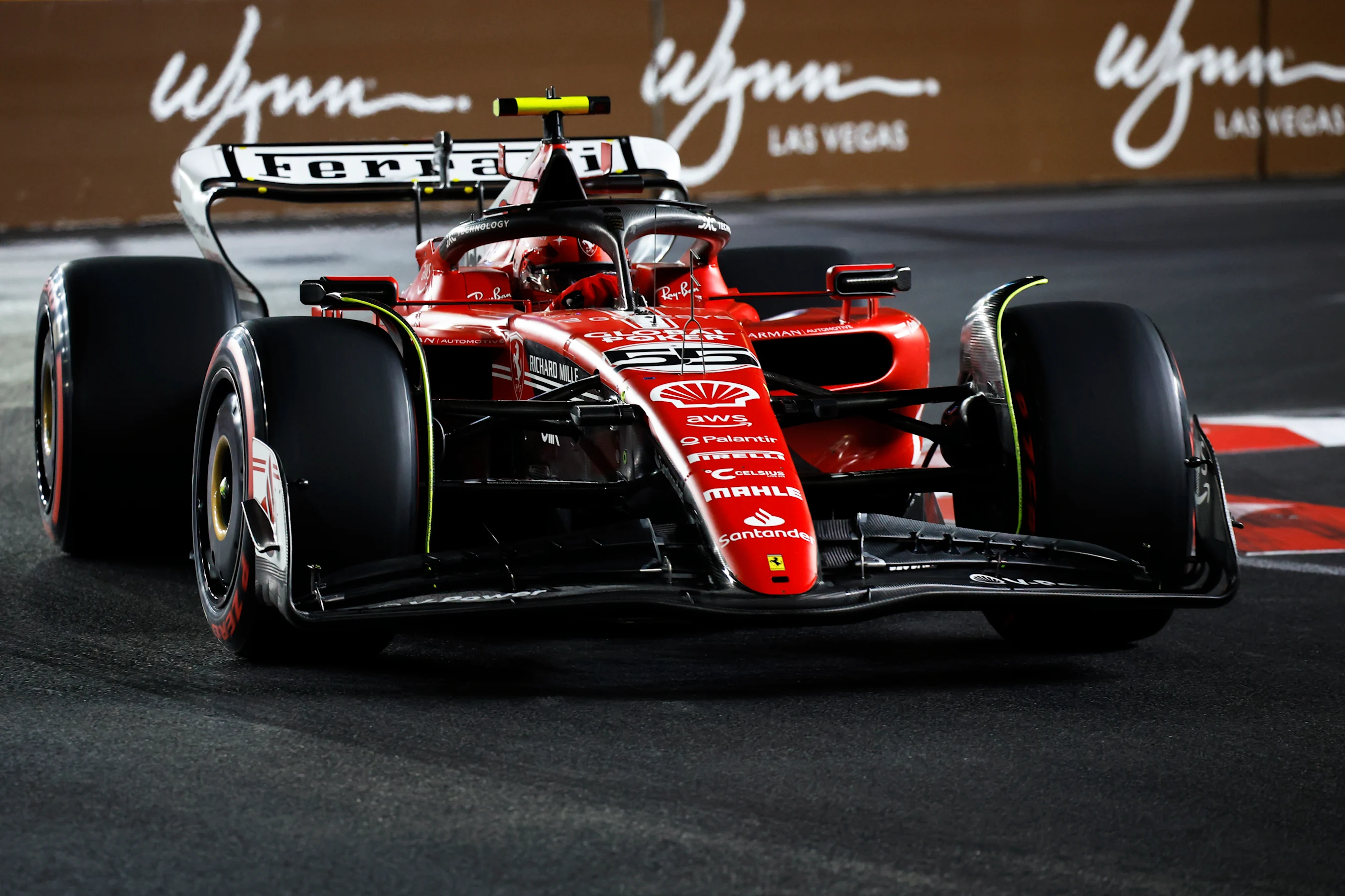 LAS VEGAS, NEVADA - NOVEMBER 18: Carlos Sainz of Spain driving (55) the Ferrari SF-23 on track
