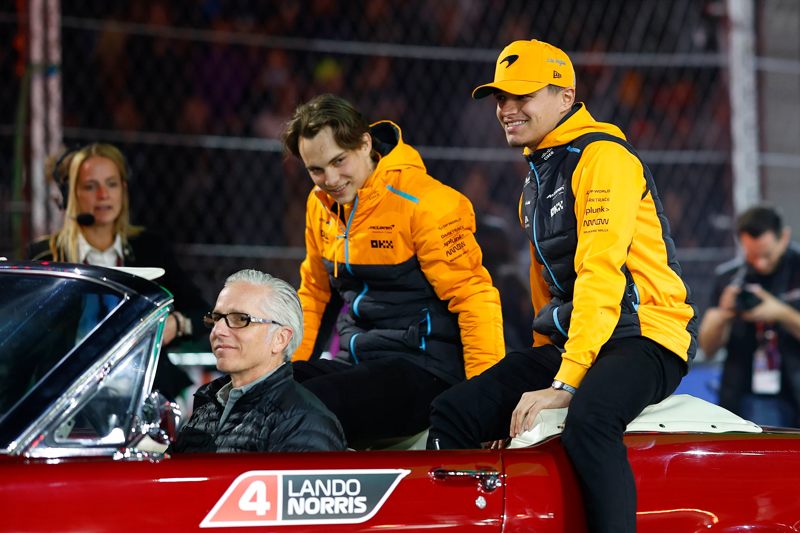 LAS VEGAS, NEVADA - NOVEMBER 18: Oscar Piastri of Australia and McLaren and Lando Norris of Great