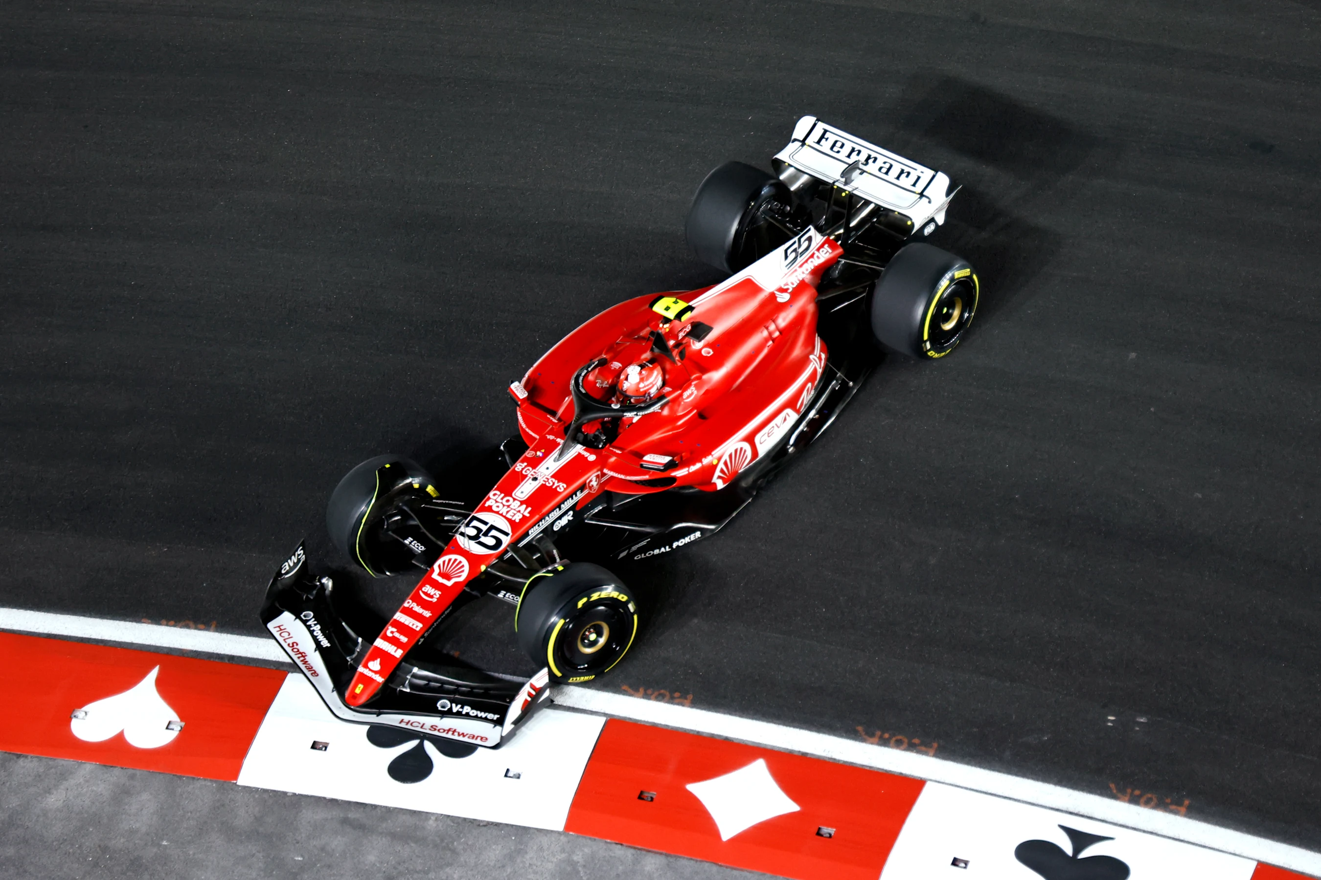 LAS VEGAS, NEVADA - NOVEMBER 18: Carlos Sainz of Spain driving (55) the Ferrari SF-23 spins on