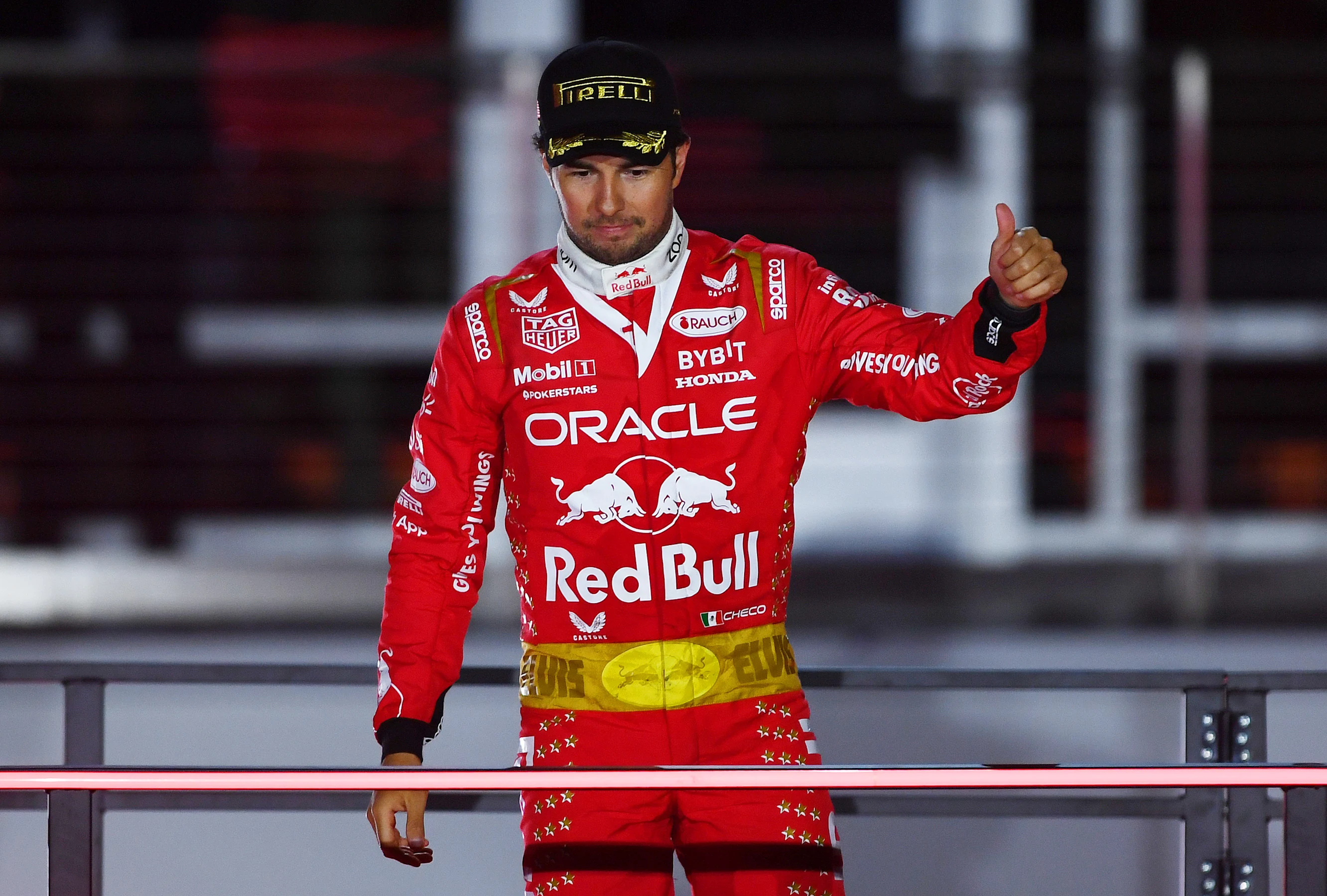 LAS VEGAS, NEVADA - NOVEMBER 18: Third placed Sergio Perez of Mexico and Oracle Red Bull Racing