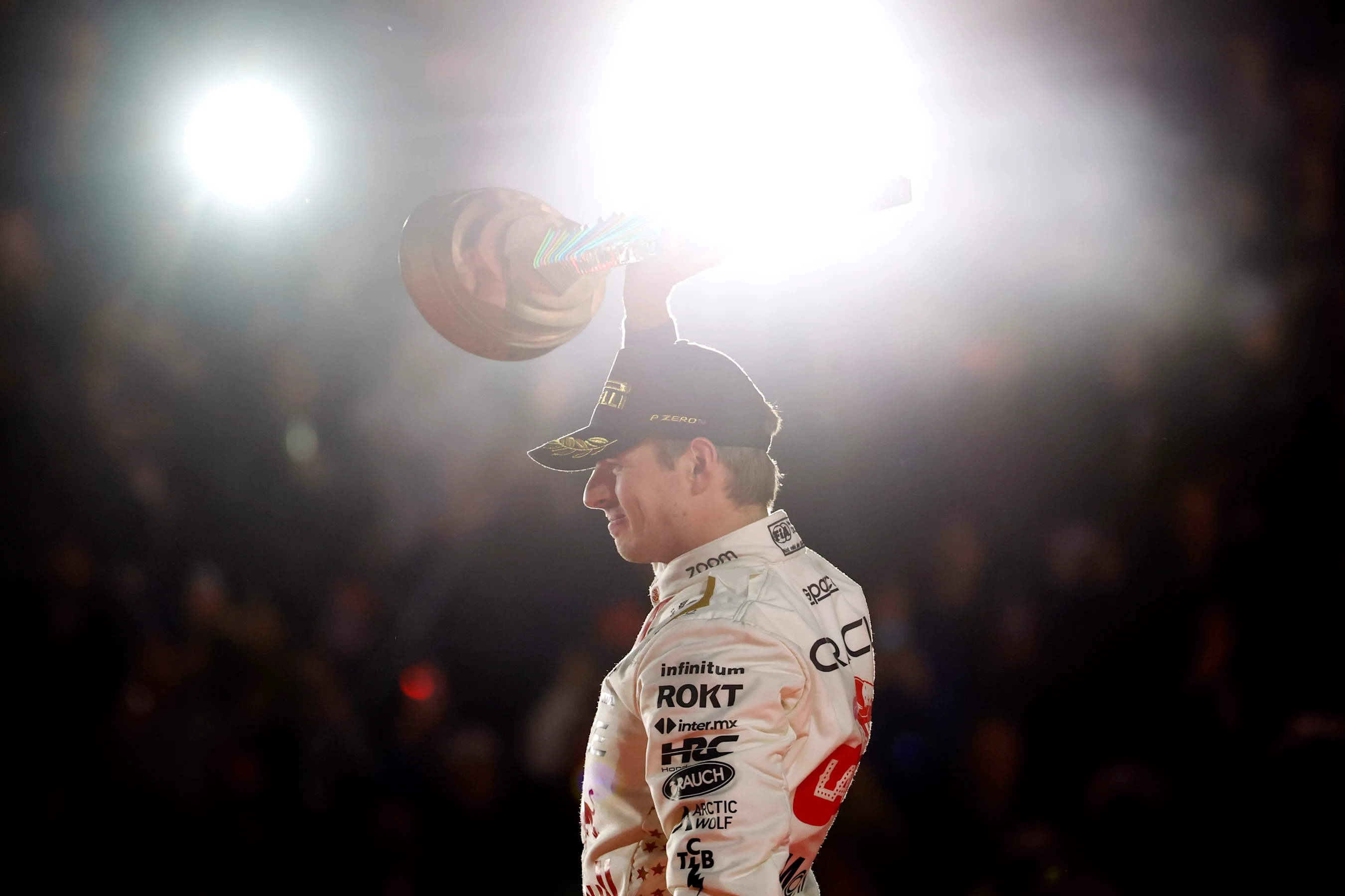 LAS VEGAS, NEVADA - NOVEMBER 18: Race winner Max Verstappen of the Netherlands and Oracle Red Bull