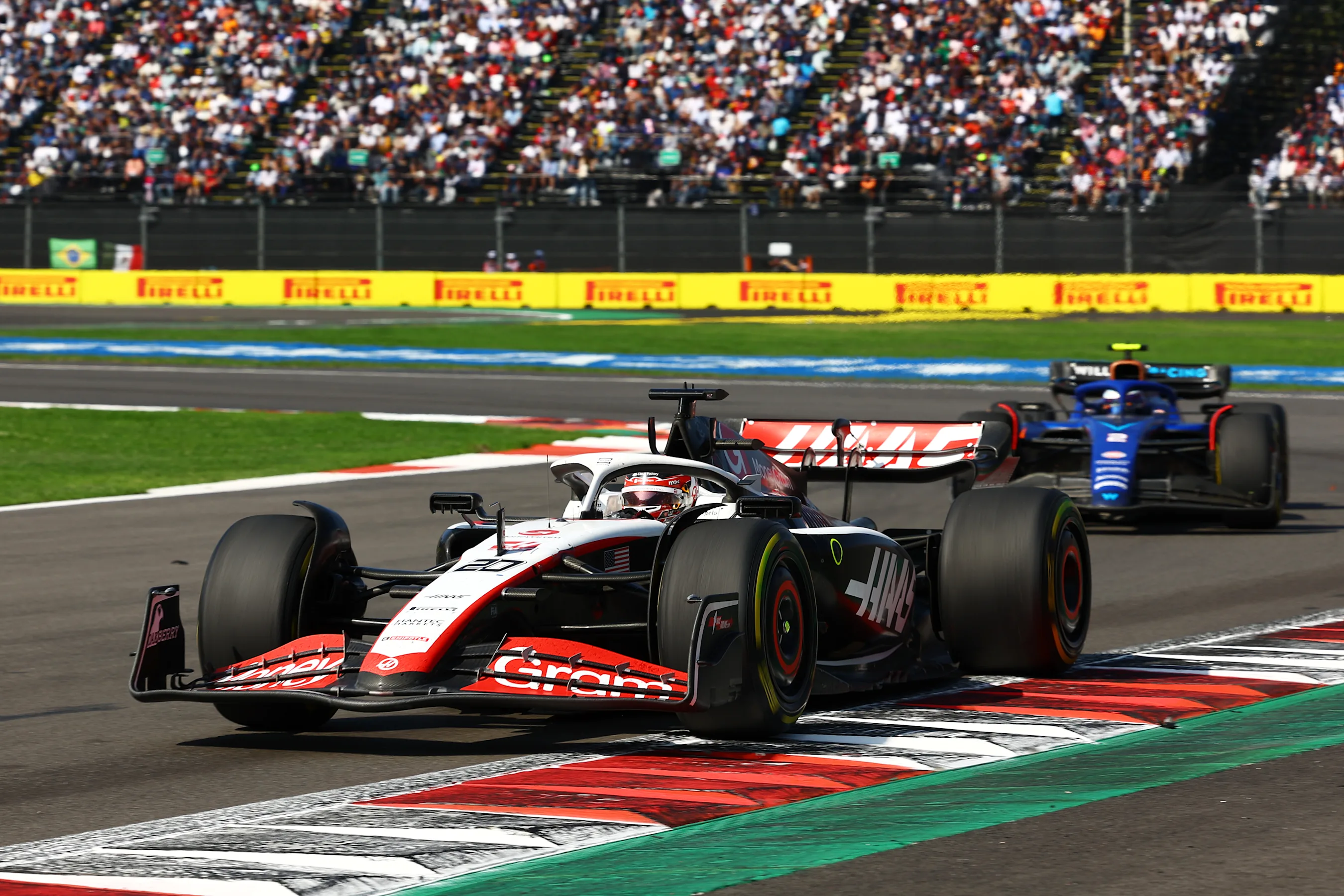 MEXICO CITY, MEXICO - OCTOBER 29: Kevin Magnussen of Denmark driving the (20) Haas F1 VF-23 Ferrari