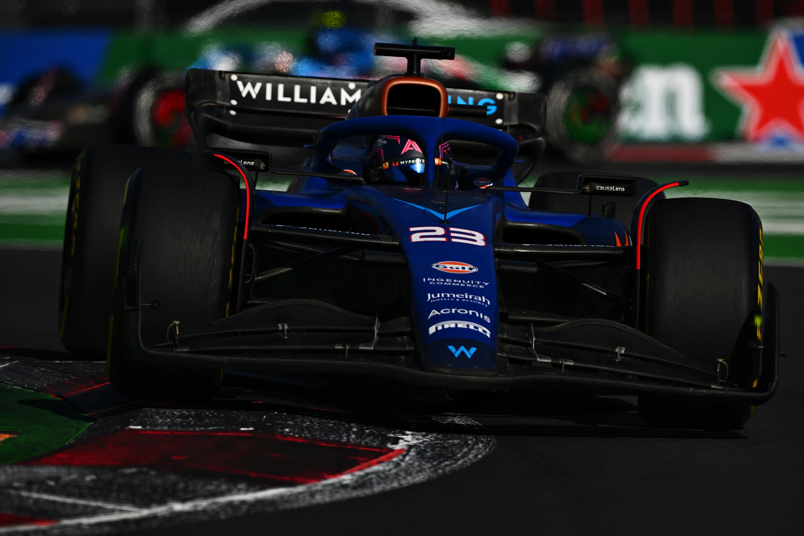 MEXICO CITY, MEXICO - OCTOBER 29: Alexander Albon of Thailand driving the (23) Williams FW45