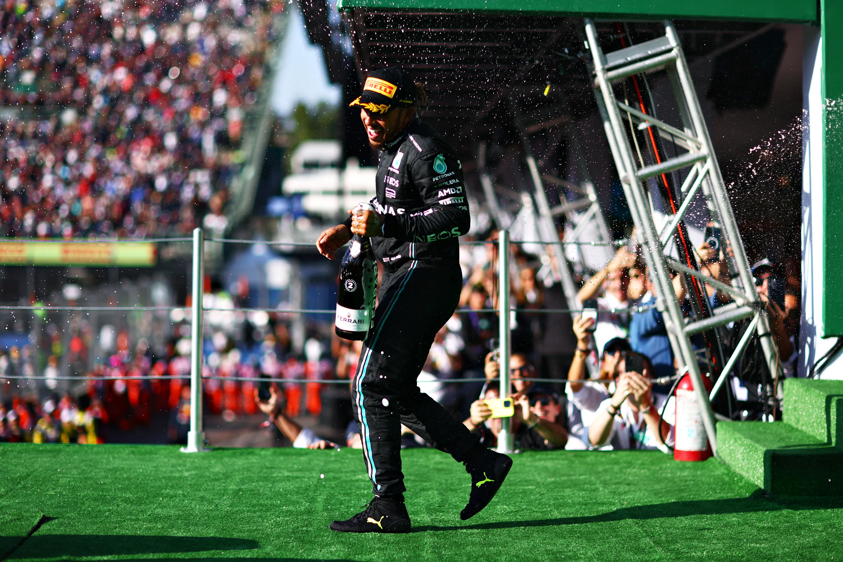 MEXICO CITY, MEXICO - OCTOBER 29: Second placed Lewis Hamilton of Great Britain and Mercedes