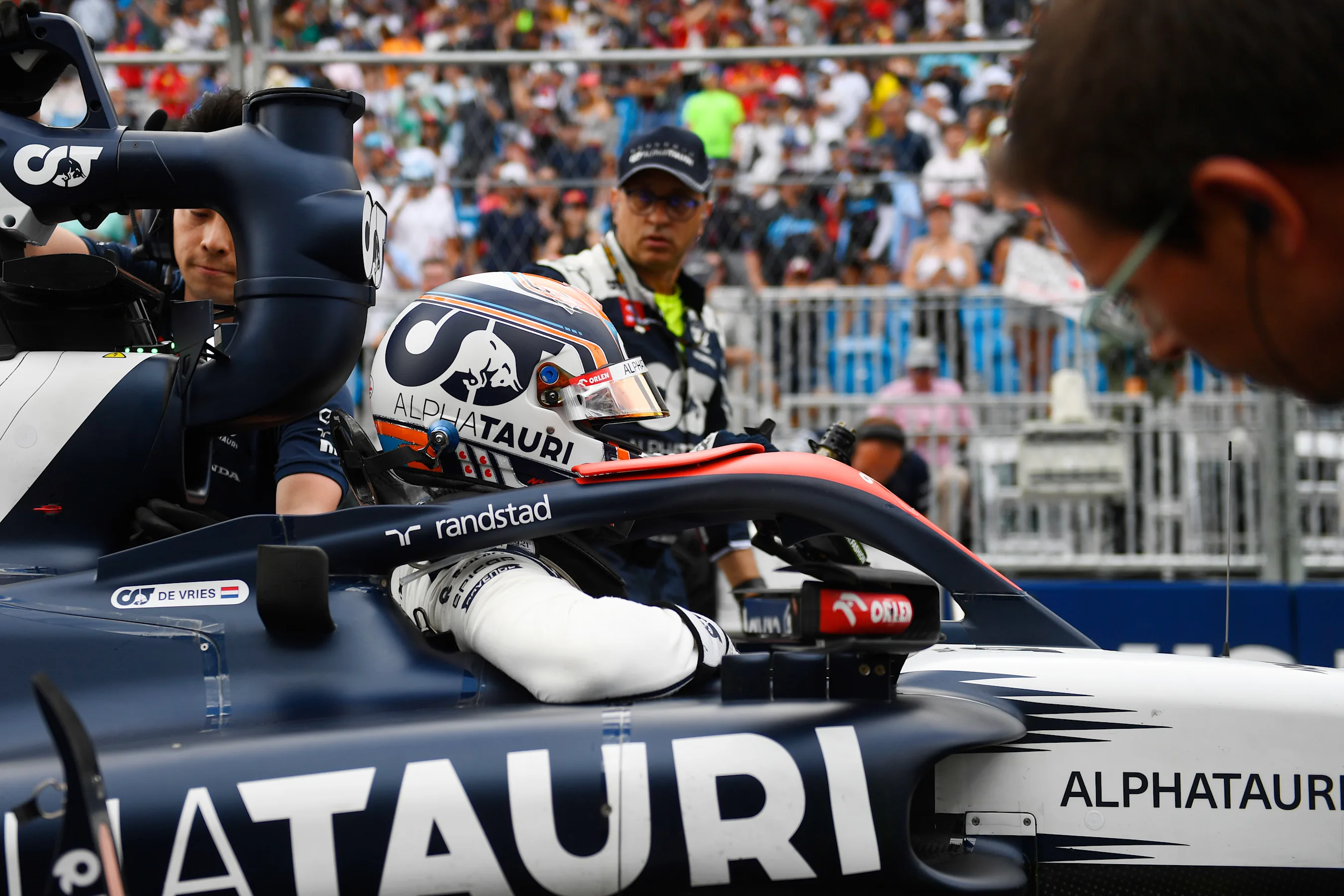 MIAMI, FLORIDA - MAY 07: Nyck de Vries of Netherlands and Scuderia AlphaTauri prepares to drive on